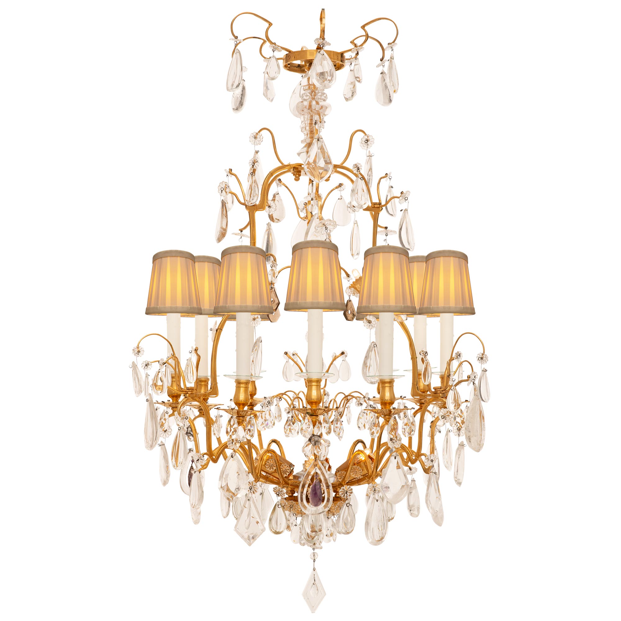 French 19th Century Louis XV St. Ormolu, Crystal And Rock Crystal Chandelier For Sale