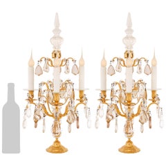 French 19th century Louis XV st. Ormolu, Glass, and Crystal Girandole lamps