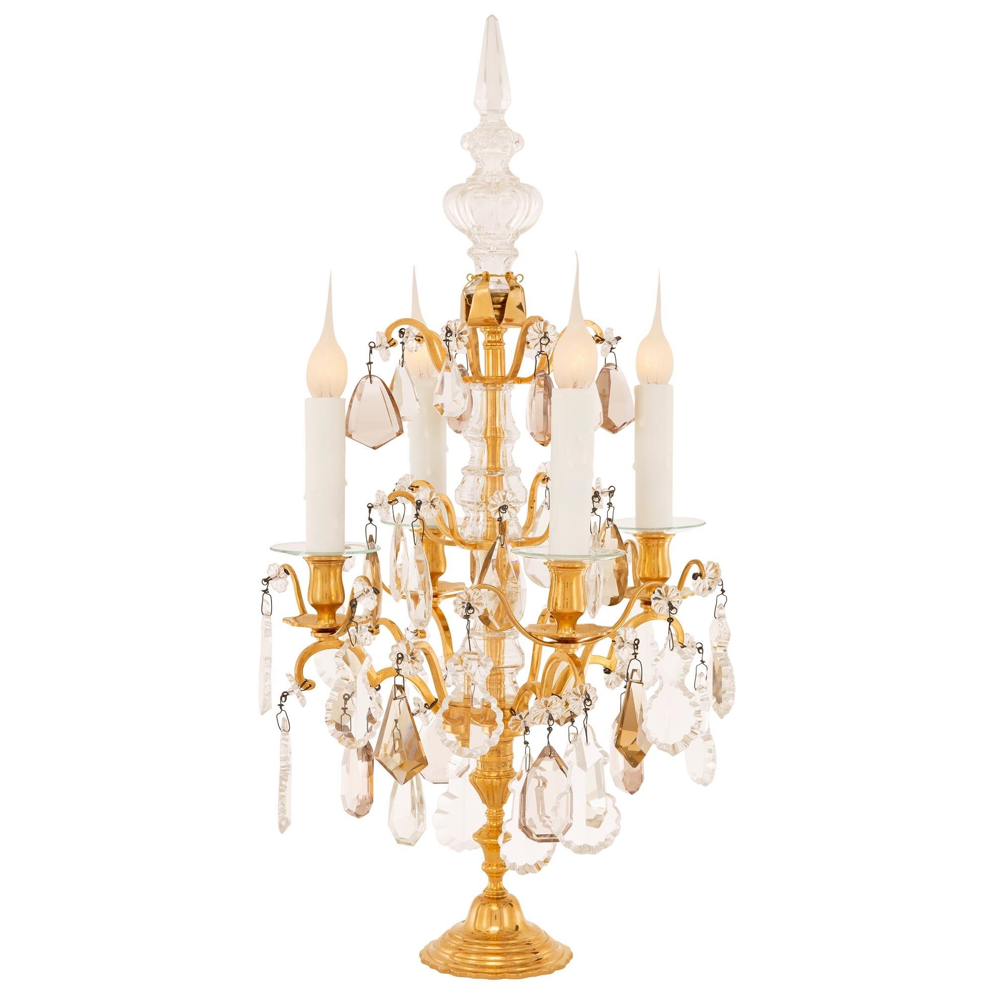 French 19th century Louis XV st. Ormolu, Glass, and Crystal Girandole lamps In Good Condition For Sale In West Palm Beach, FL