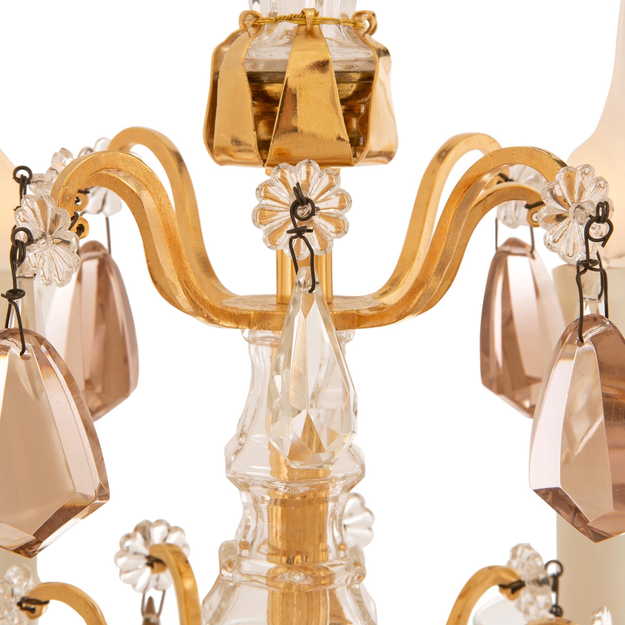 French 19th century Louis XV st. Ormolu, Glass, and Crystal Girandole lamps For Sale 1
