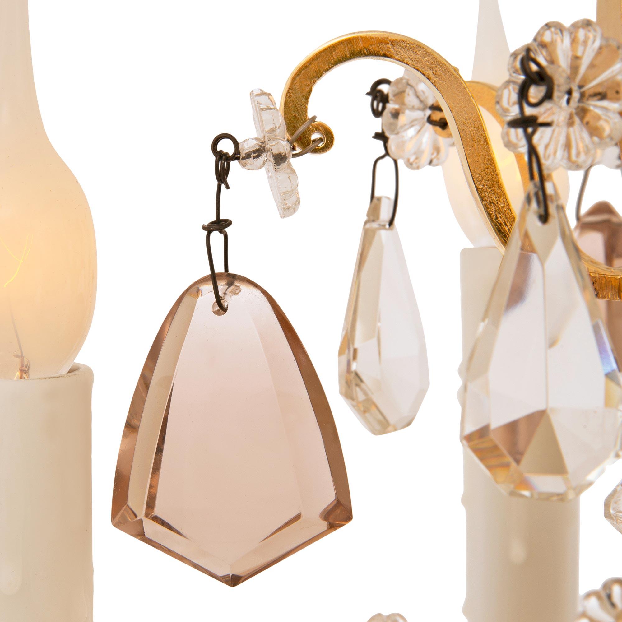 French 19th century Louis XV st. Ormolu, Glass, and Crystal Girandole lamps For Sale 2