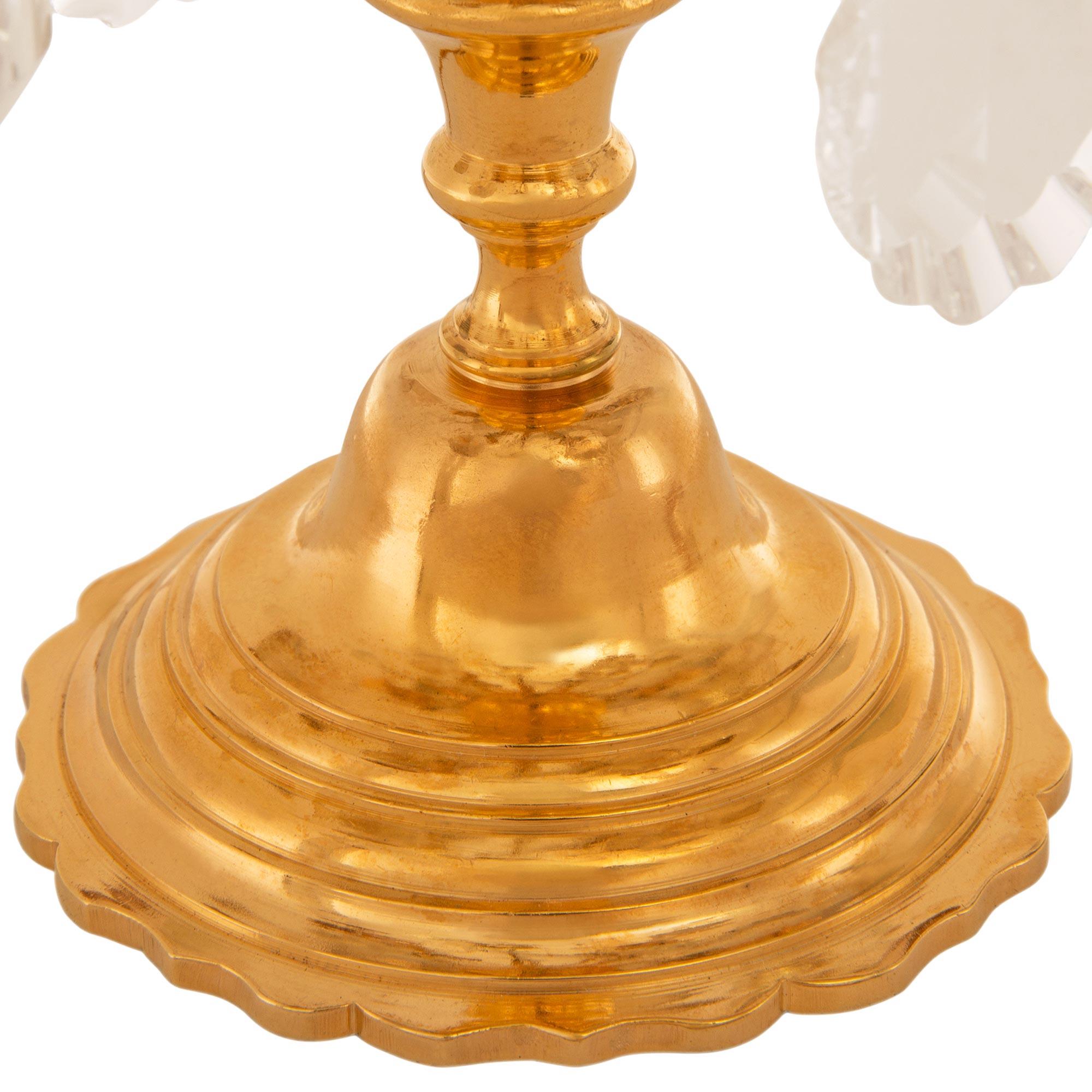 French 19th century Louis XV st. Ormolu, Glass, and Crystal Girandole lamps For Sale 4