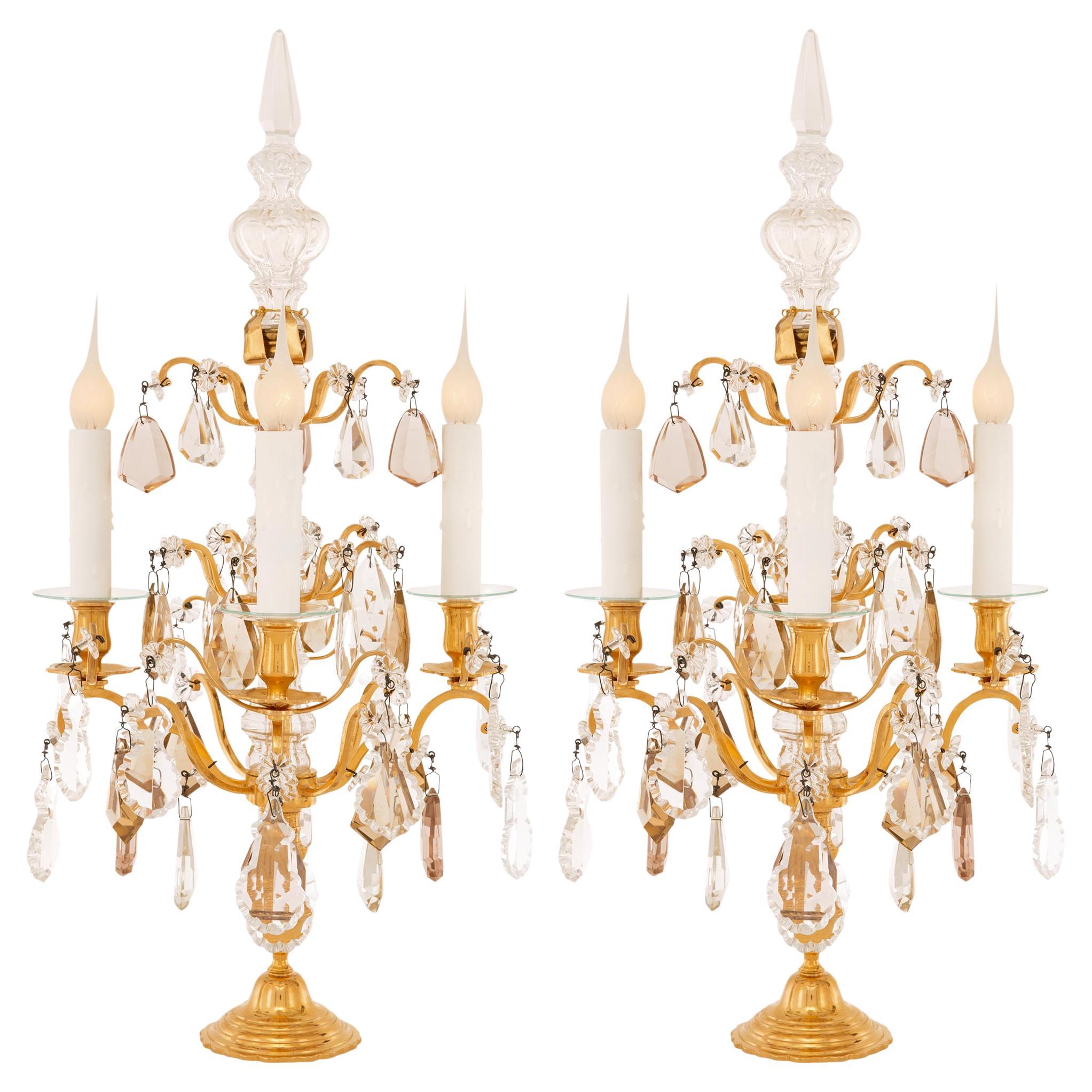 French 19th century Louis XV st. Ormolu, Glass, and Crystal Girandole lamps For Sale