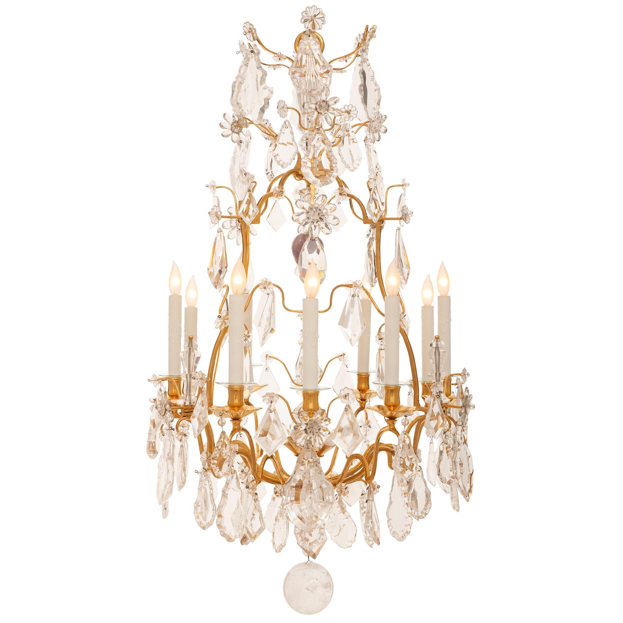 French 19th Century Louis XV St. Ormolu, Rock Crystal And Crystal Chandelier In Good Condition For Sale In West Palm Beach, FL