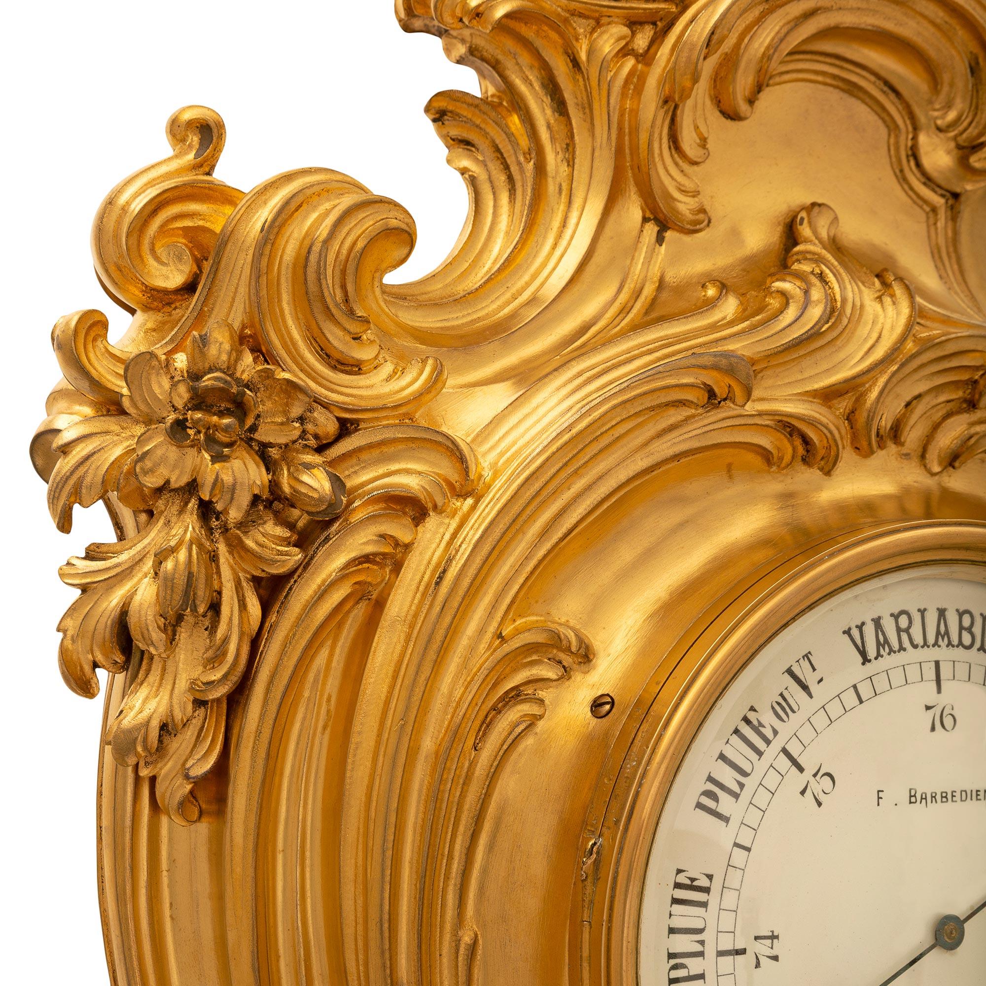 French 19th Century Louis XV St. Ormolu Wall Mounted Clock & Barometer For Sale 2