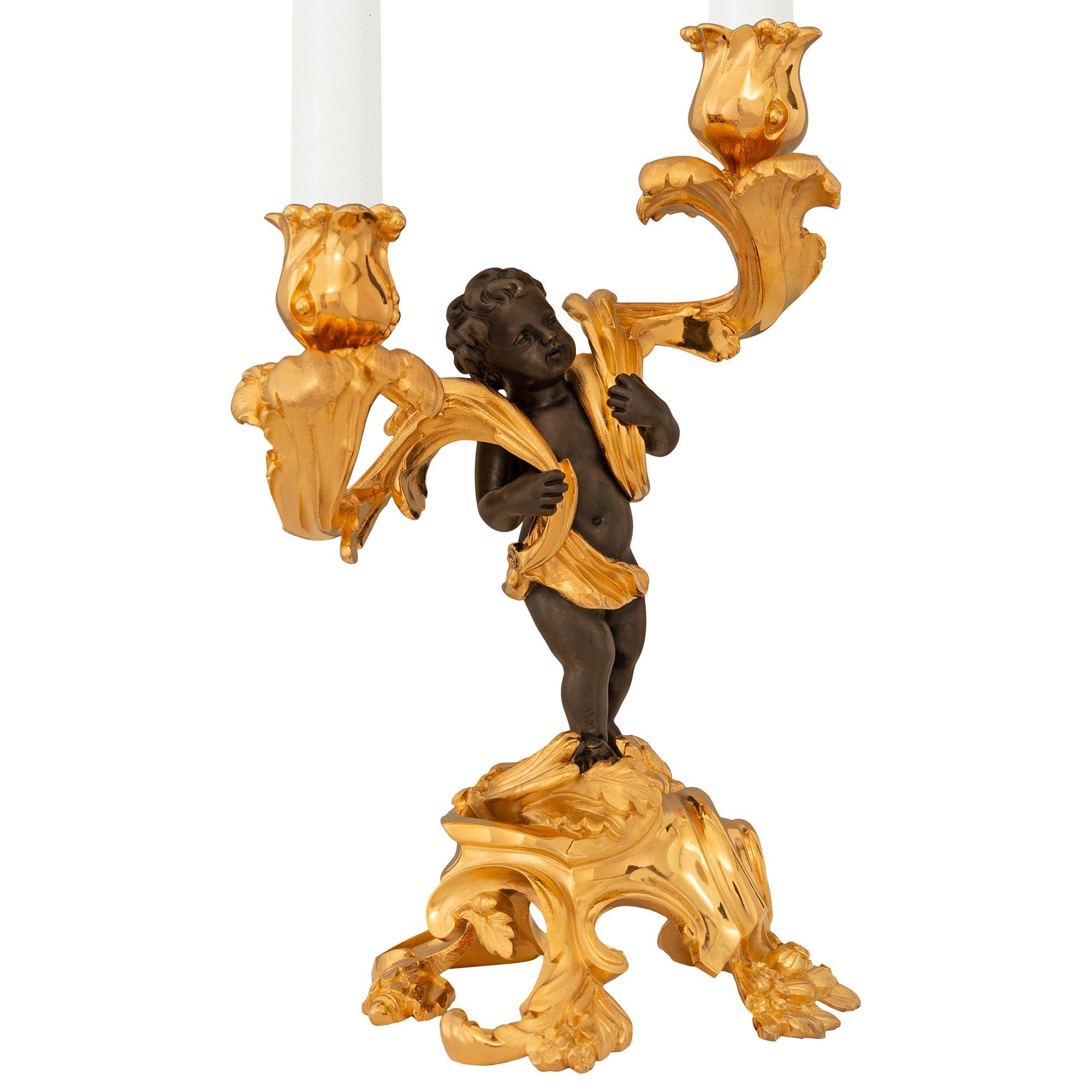 A lovely and most elegant true pair of French 19th century Louis XV st. patinated Bronze and Ormolu candelabras. Each beautiful two arm candelabra is raised by a scrolling floral decorated base with three sides. Standing atop the Ormolu bases are