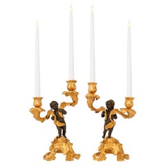 French 19th century Louis XV st. patinated Bronze and Ormolu candelabras
