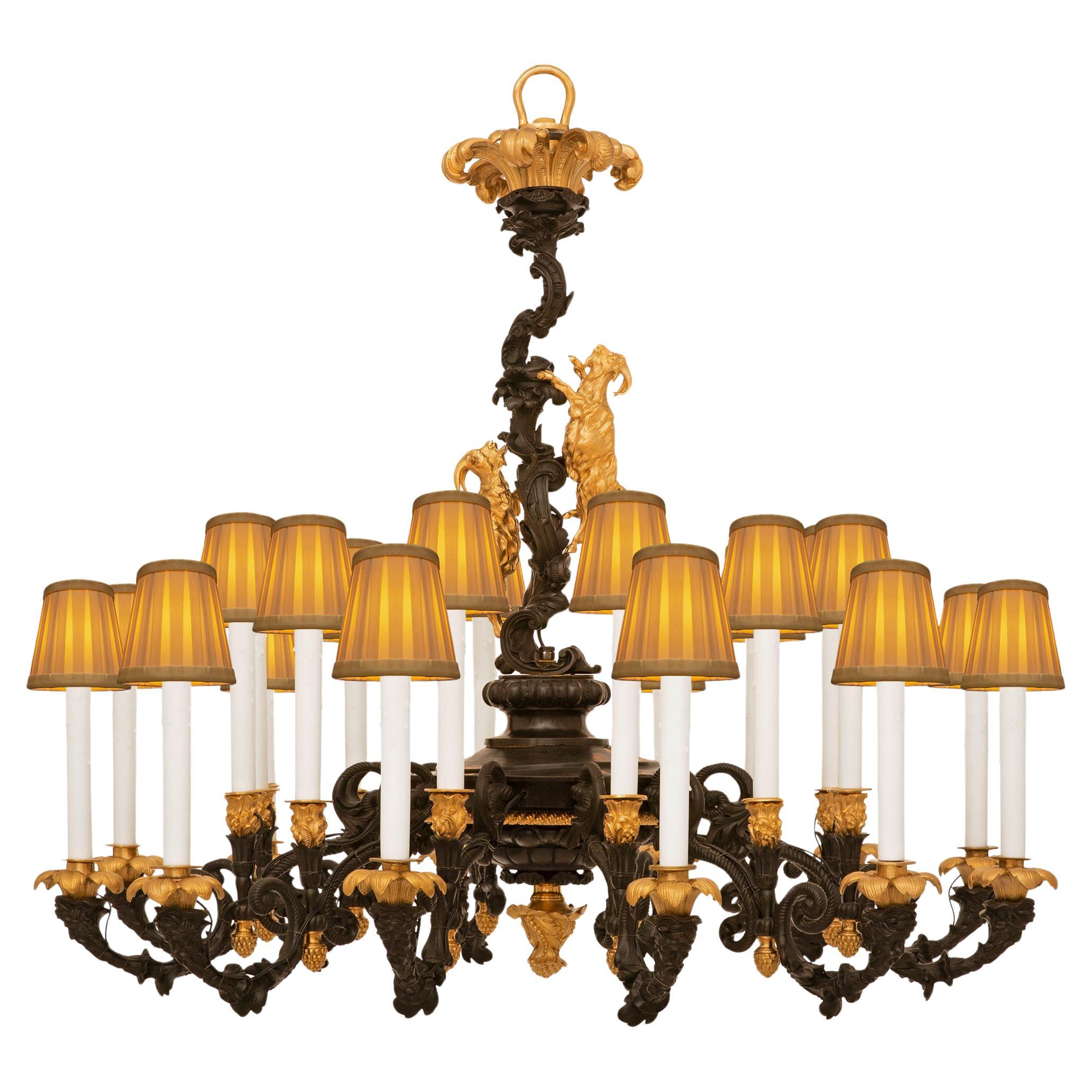French 19th century Louis XV st. patinated Bronze and Ormolu chandelier For Sale