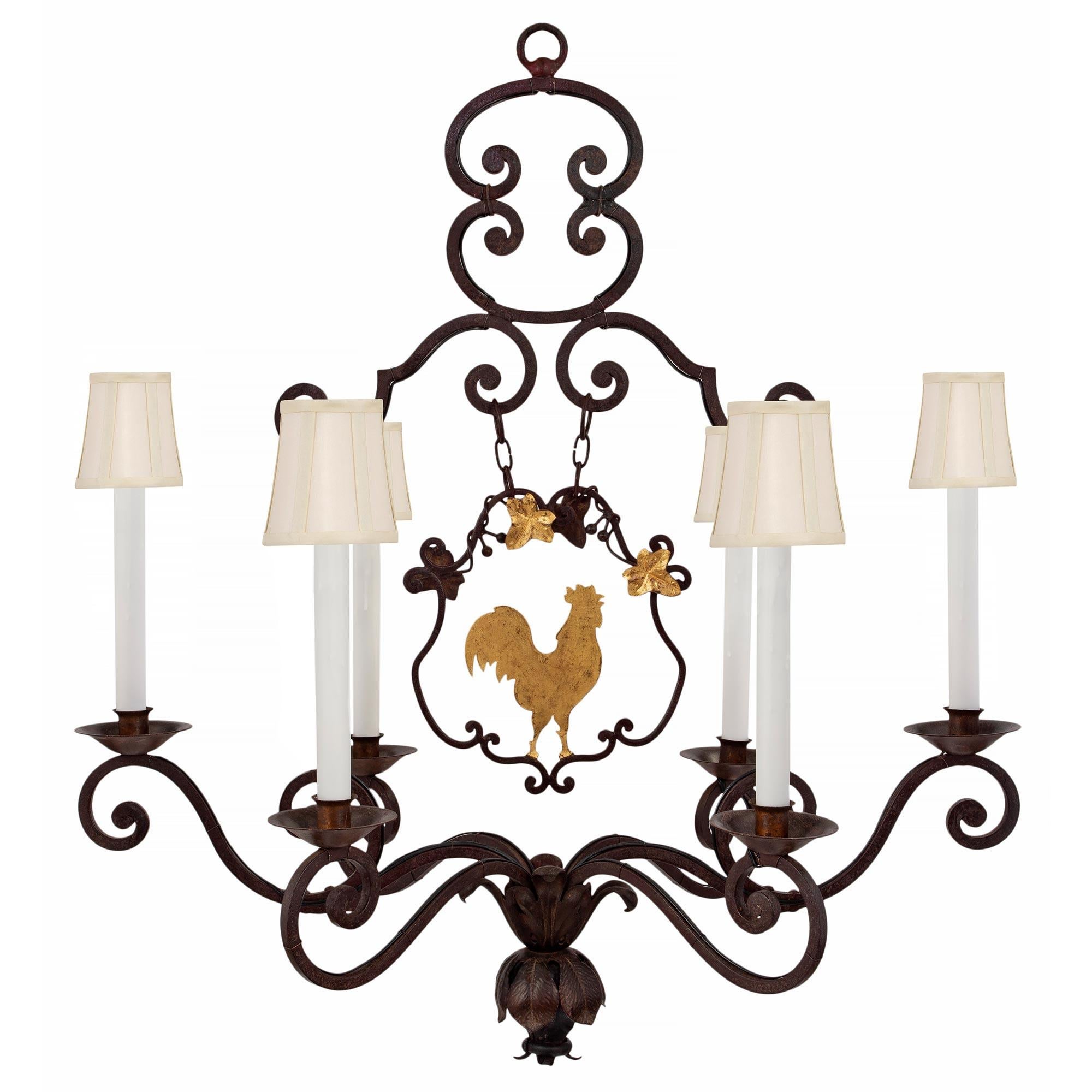 French 19th Century Louis XV St. Patinated Iron And Gilt Iron Six Light Chandeli