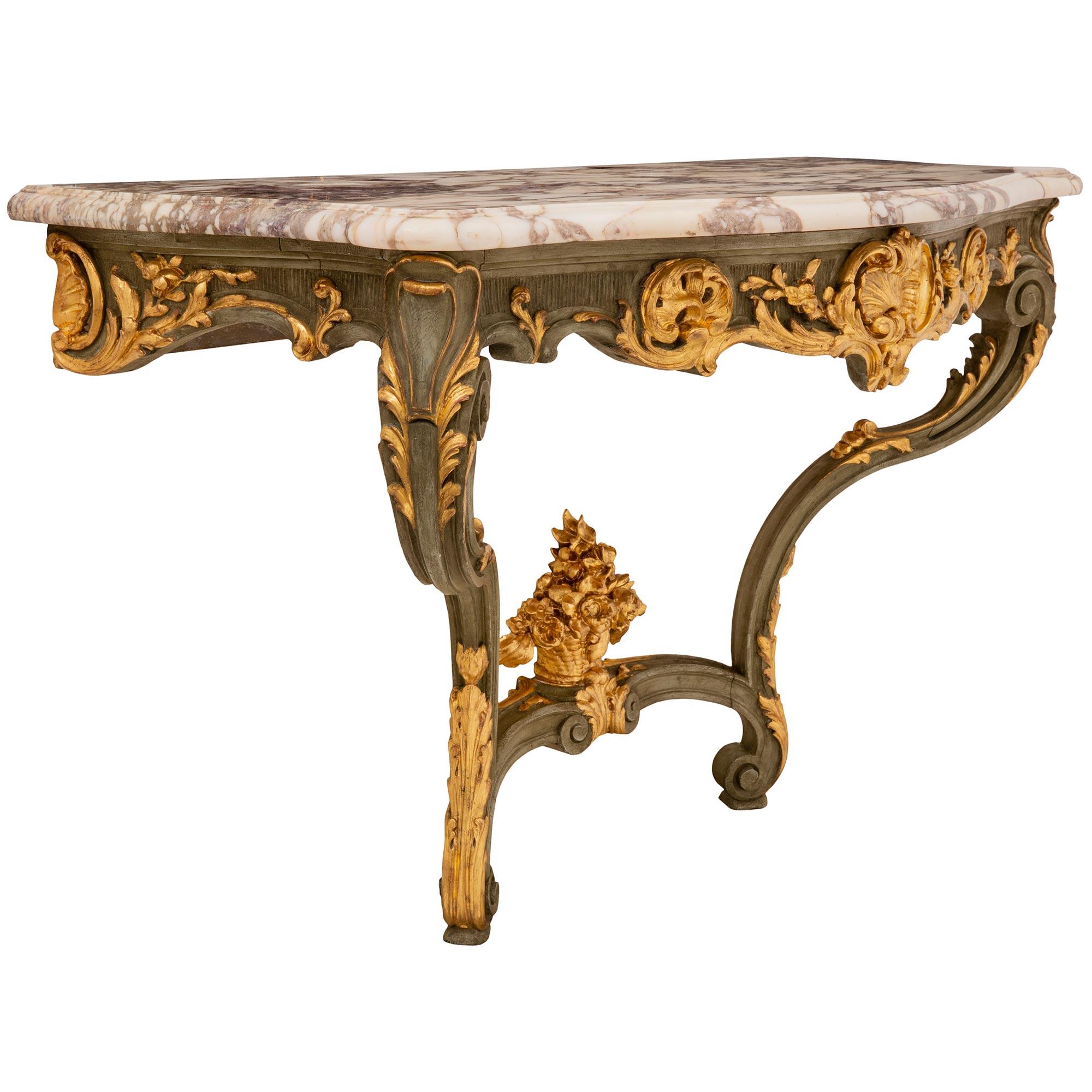 French 19th Century Louis XV St. Patinated Wood, Giltwood and Marble Console In Good Condition For Sale In West Palm Beach, FL
