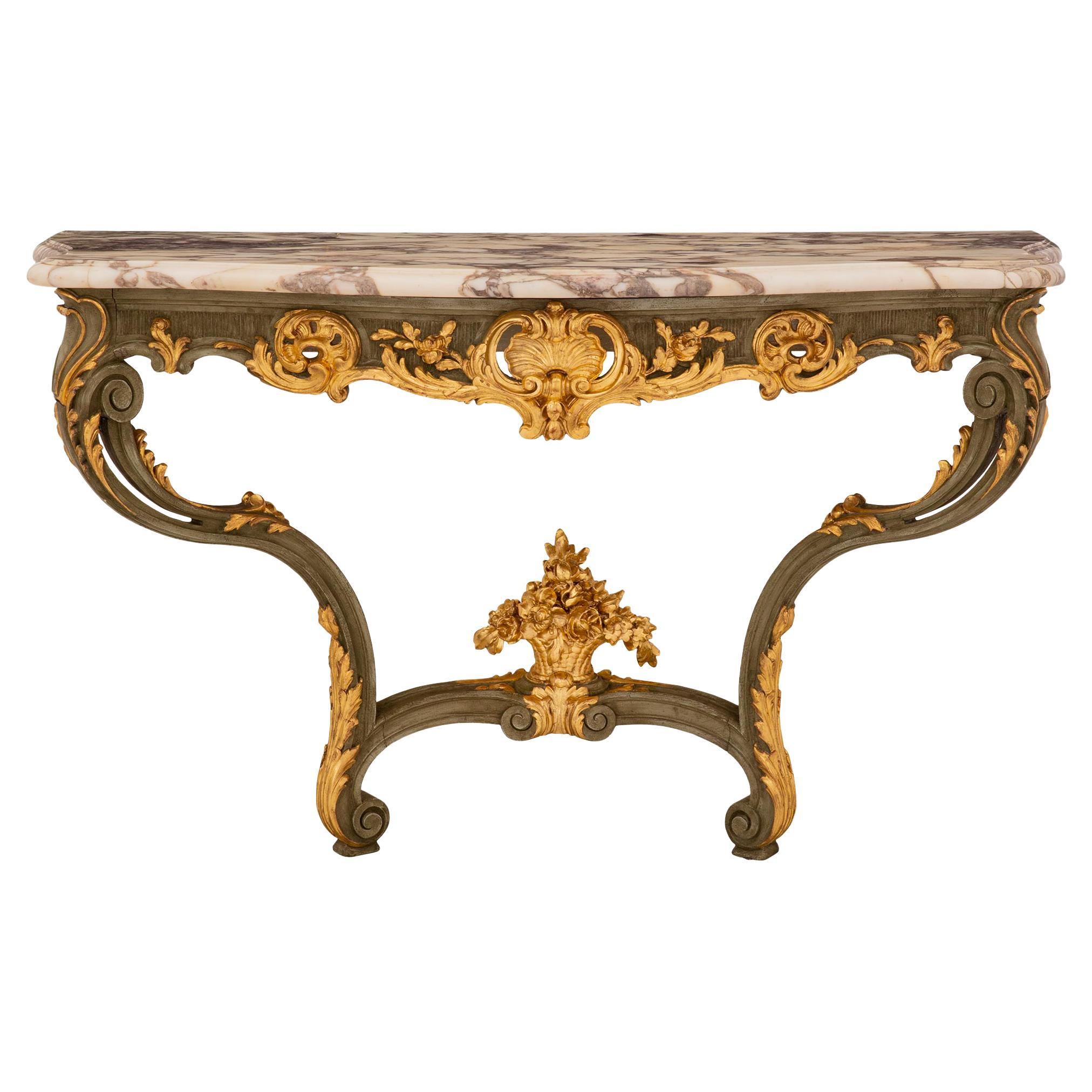 Console Louis XV du 19ème siècle en bois patiné, bois doré et marbre