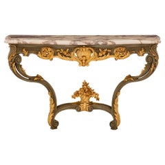 Antique French 19th Century Louis XV St. Patinated Wood, Giltwood and Marble Console