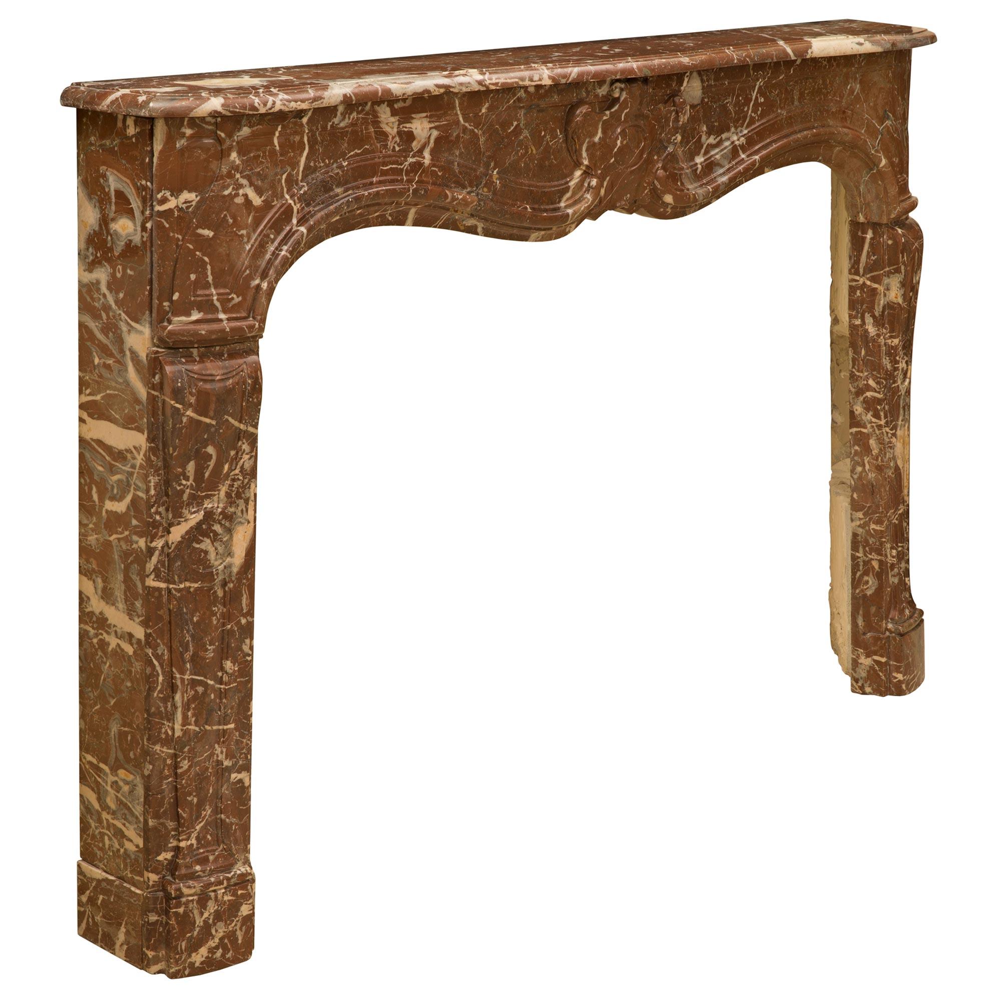 French 19th Century Louis XV St. Rosso Merlino Marble Mantel In Good Condition For Sale In West Palm Beach, FL