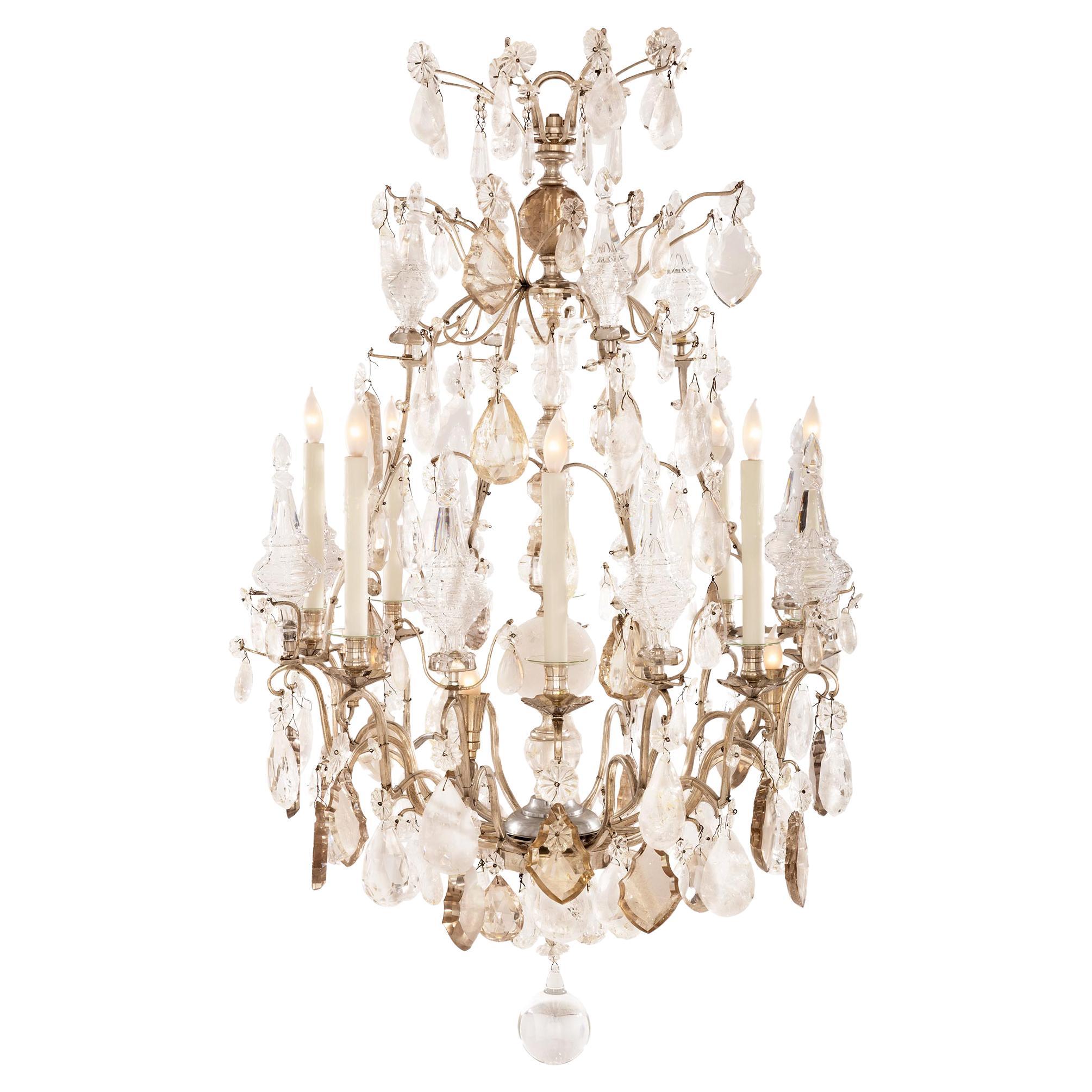 French 19th Century Louis XV St. Silvered Bronze And Rock Crystal Chandelier For Sale