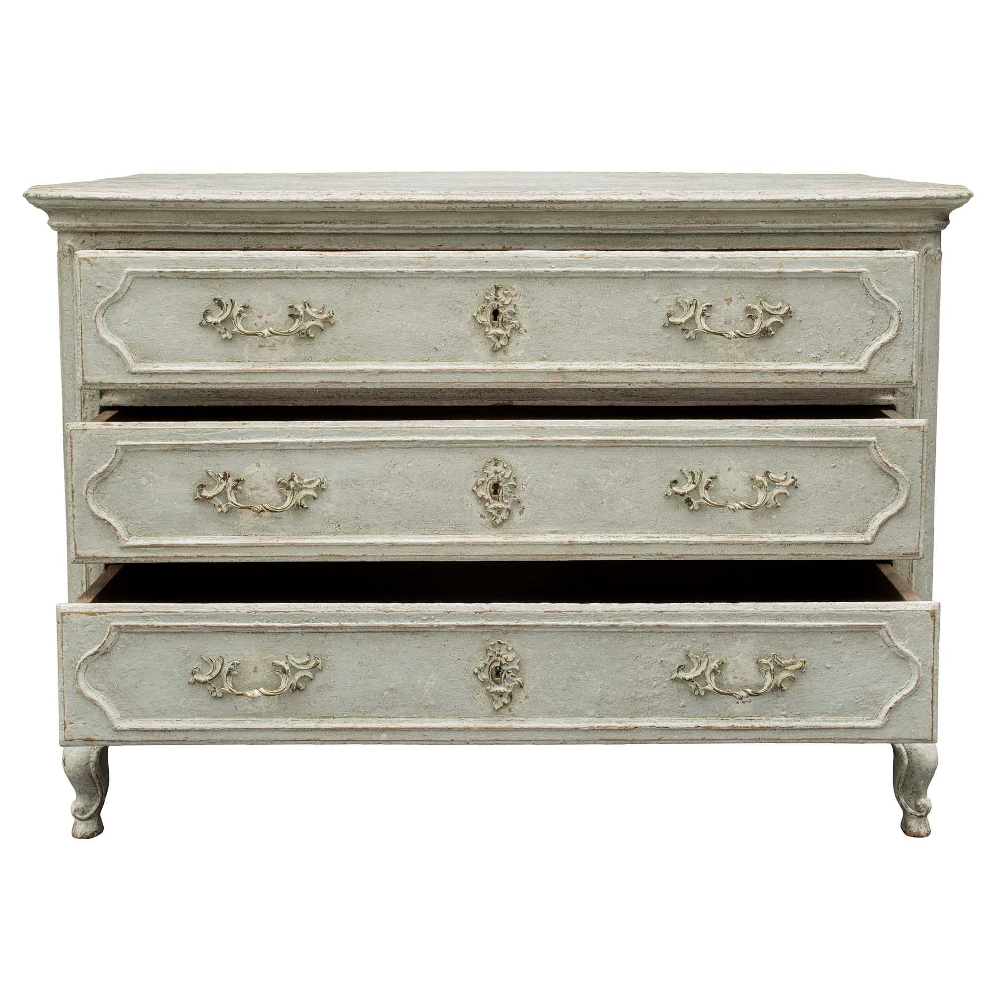 Wood French 19th Century Louis XV Style Three-Drawer Patinated Commode For Sale