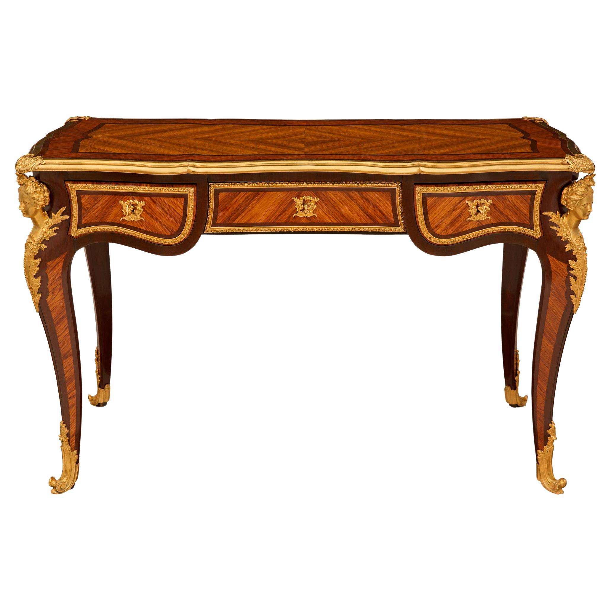 French 19th century Louis XV st. Tulipwood, Kingwood and Ormolu desk