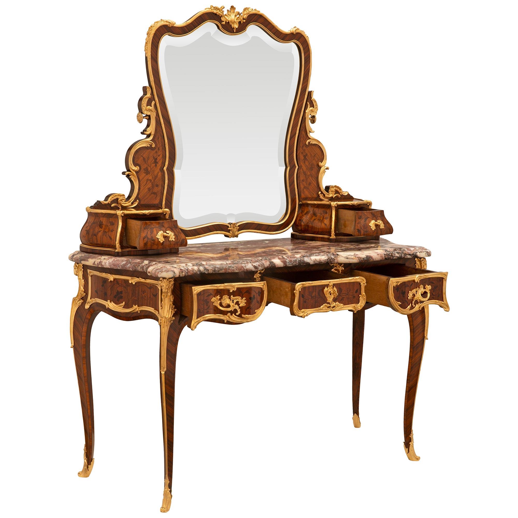 French 19th Century Louis XV St. Tulipwood, Kingwood And Ormolu Vanity Table In Good Condition For Sale In West Palm Beach, FL