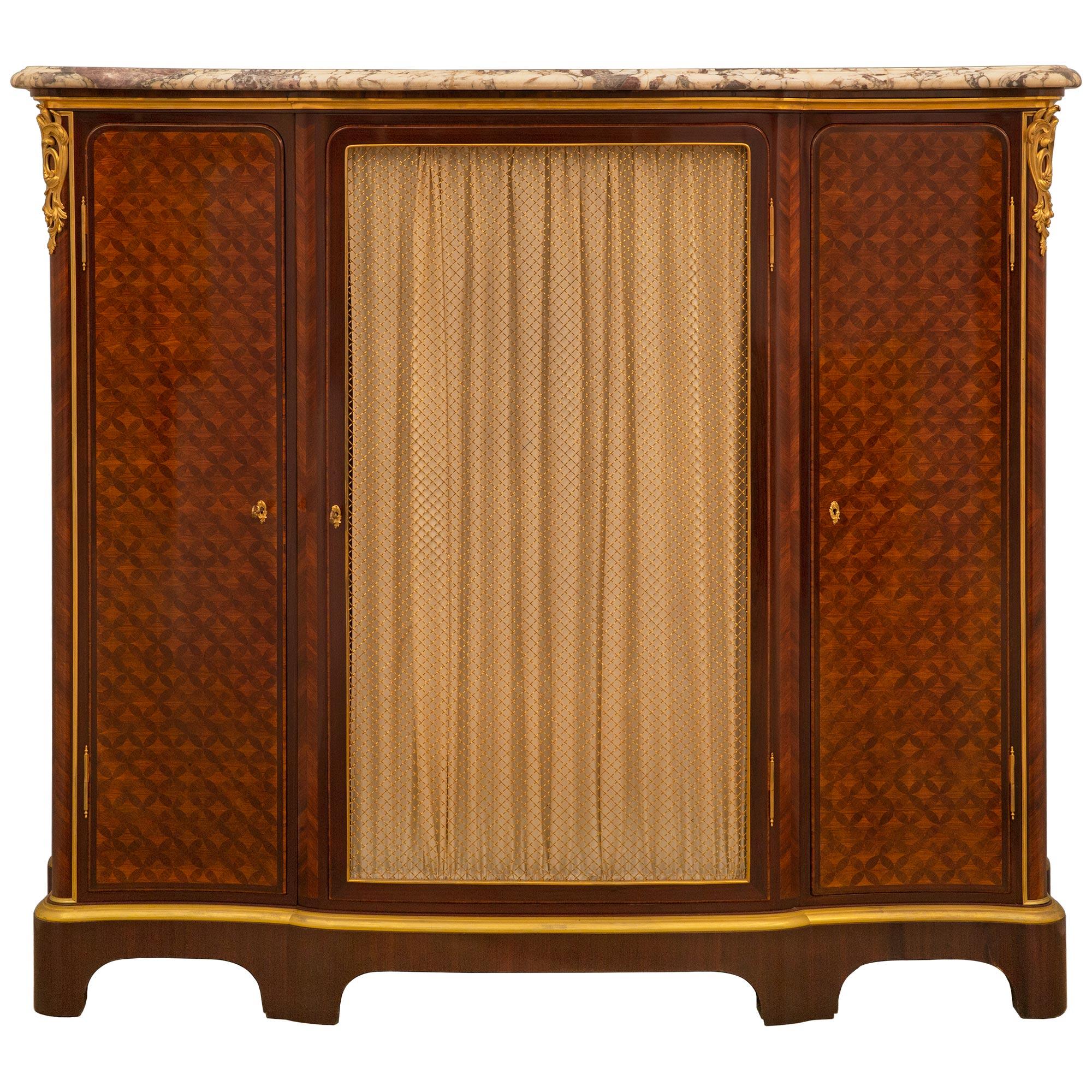 French 19th Century Louis XV St. Tulipwood, Kingwood, Ormolu And Marble Vitrine For Sale 7