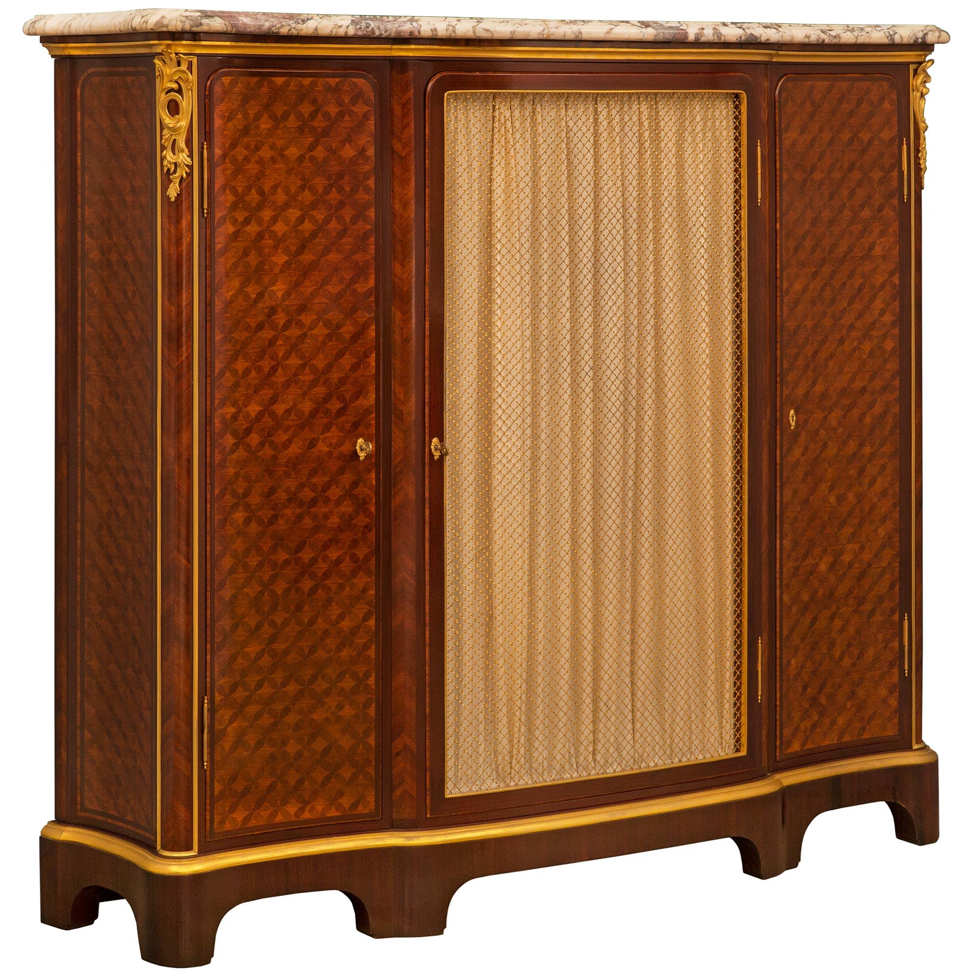 French 19th Century Louis XV St. Tulipwood, Kingwood, Ormolu And Marble Vitrine In Good Condition For Sale In West Palm Beach, FL