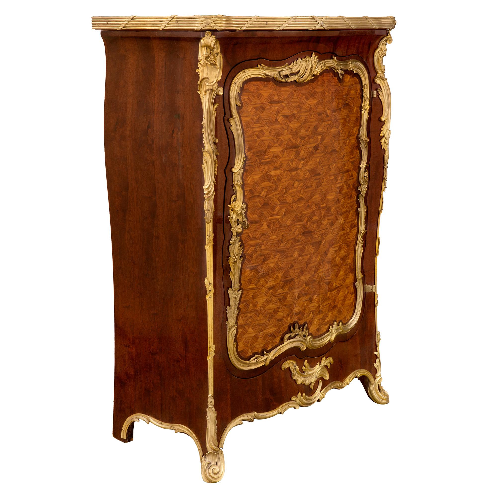 French 19th Century Louis XV St. Tulipwood, Mahogany, Ormolu and Marble Cabinet In Good Condition For Sale In West Palm Beach, FL