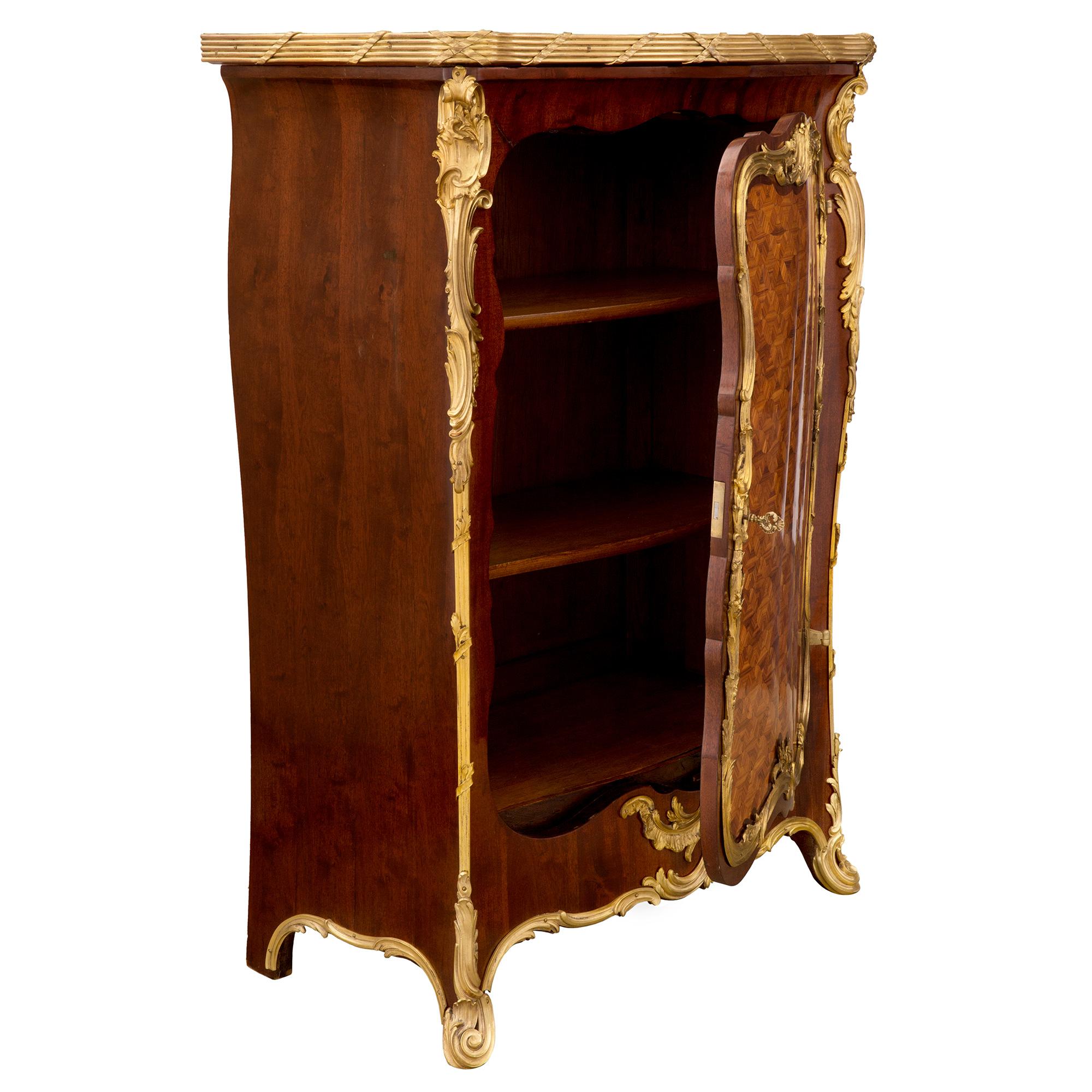 French 19th Century Louis XV St. Tulipwood, Mahogany, Ormolu and Marble Cabinet For Sale 1
