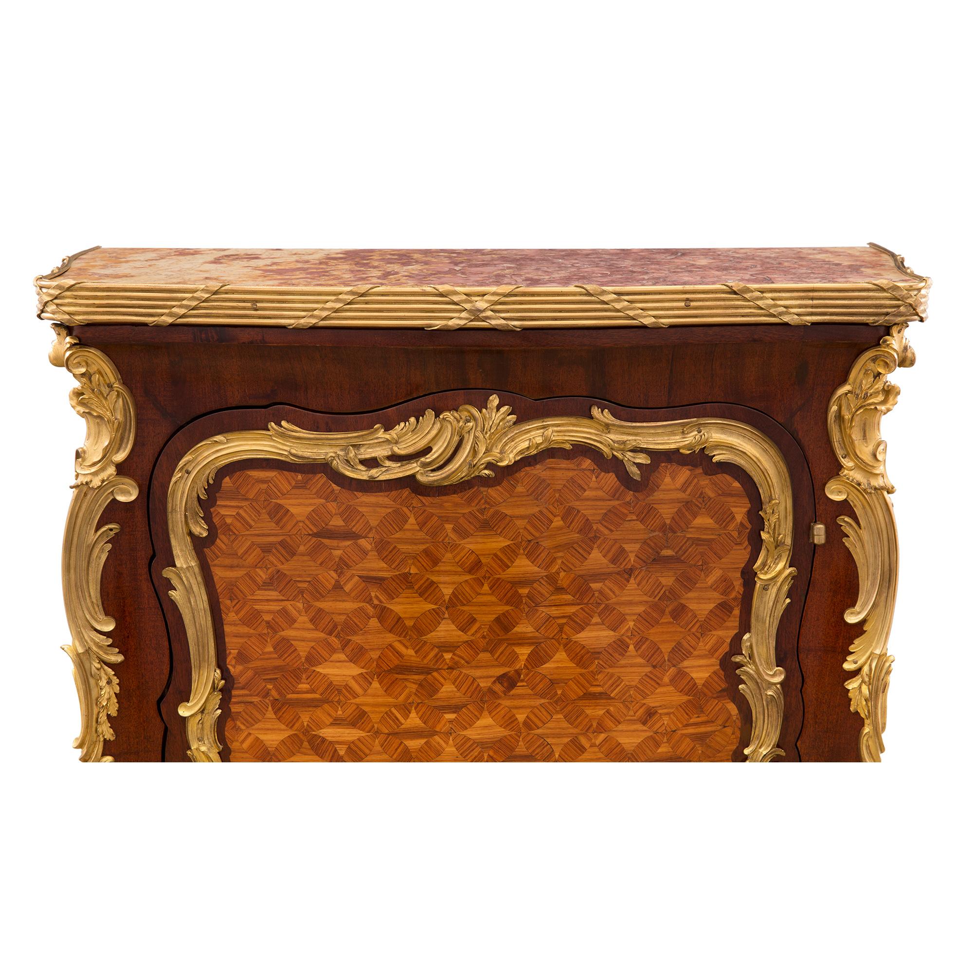 French 19th Century Louis XV St. Tulipwood, Mahogany, Ormolu and Marble Cabinet For Sale 3