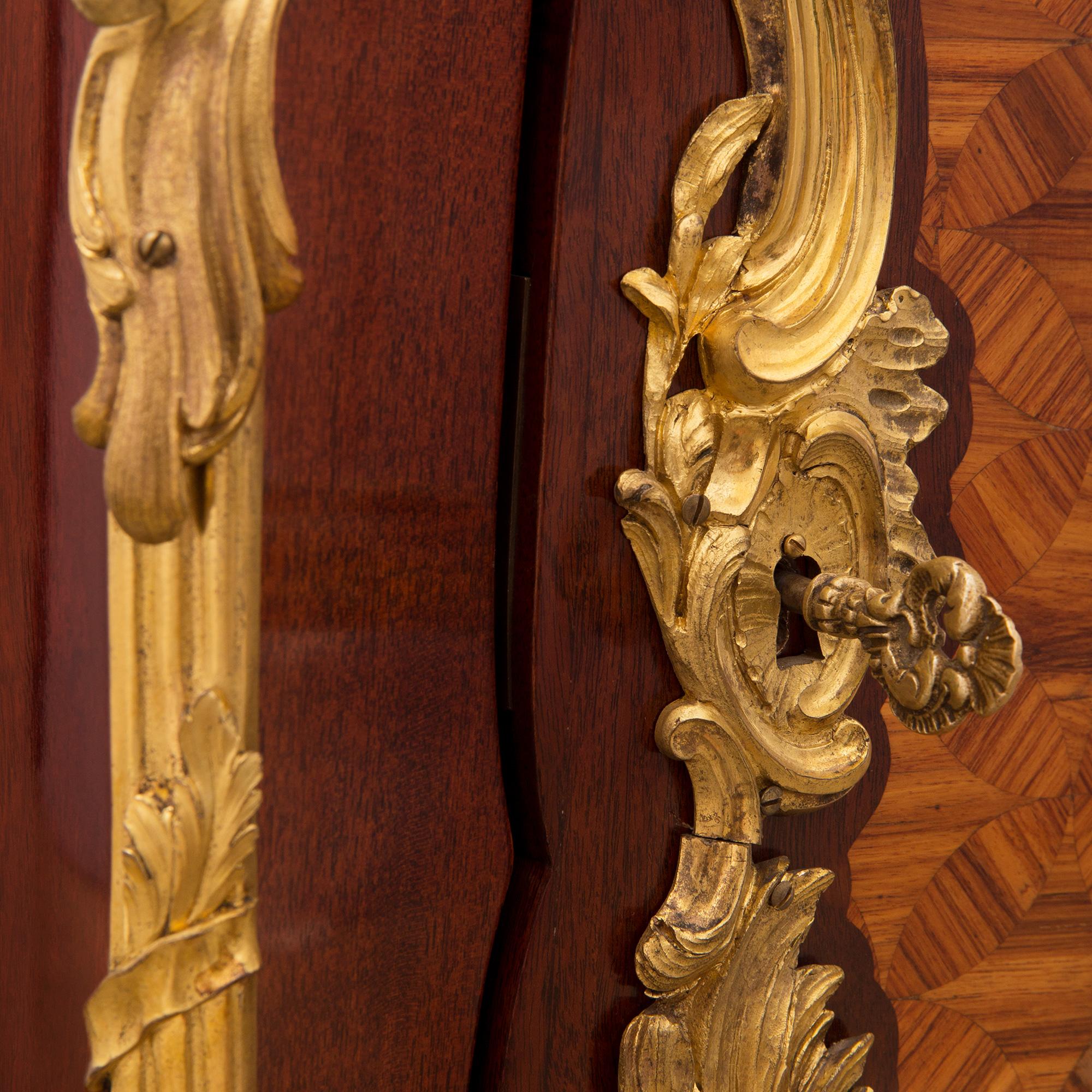 French 19th Century Louis XV St. Tulipwood, Mahogany, Ormolu and Marble Cabinet For Sale 5