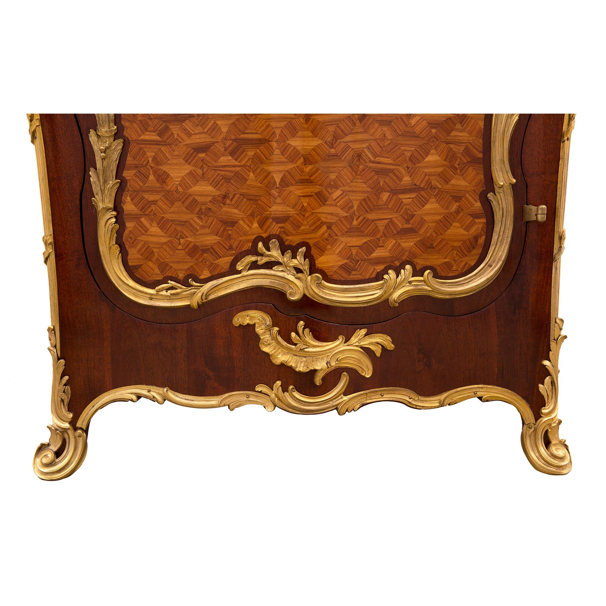 French 19th Century Louis XV St. Tulipwood, Mahogany, Ormolu and Marble Cabinet For Sale 6