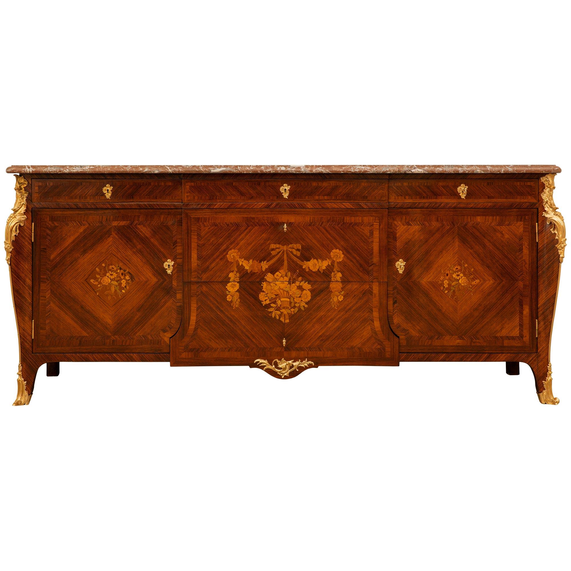French 19th Century Louis XV St. Tulipwood, Ormolu And Marble Buffet For Sale 9