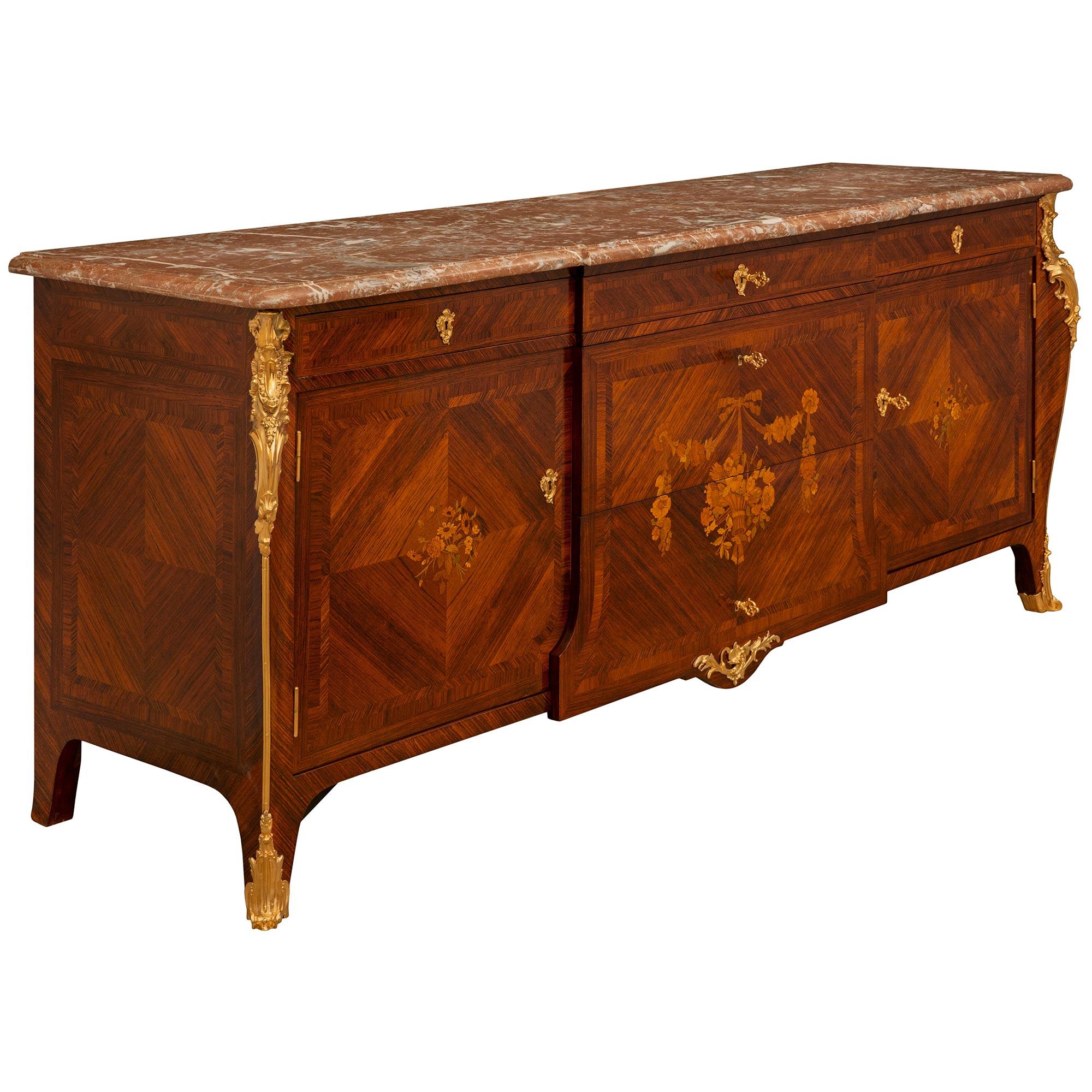 French 19th Century Louis XV St. Tulipwood, Ormolu And Marble Buffet In Good Condition For Sale In West Palm Beach, FL