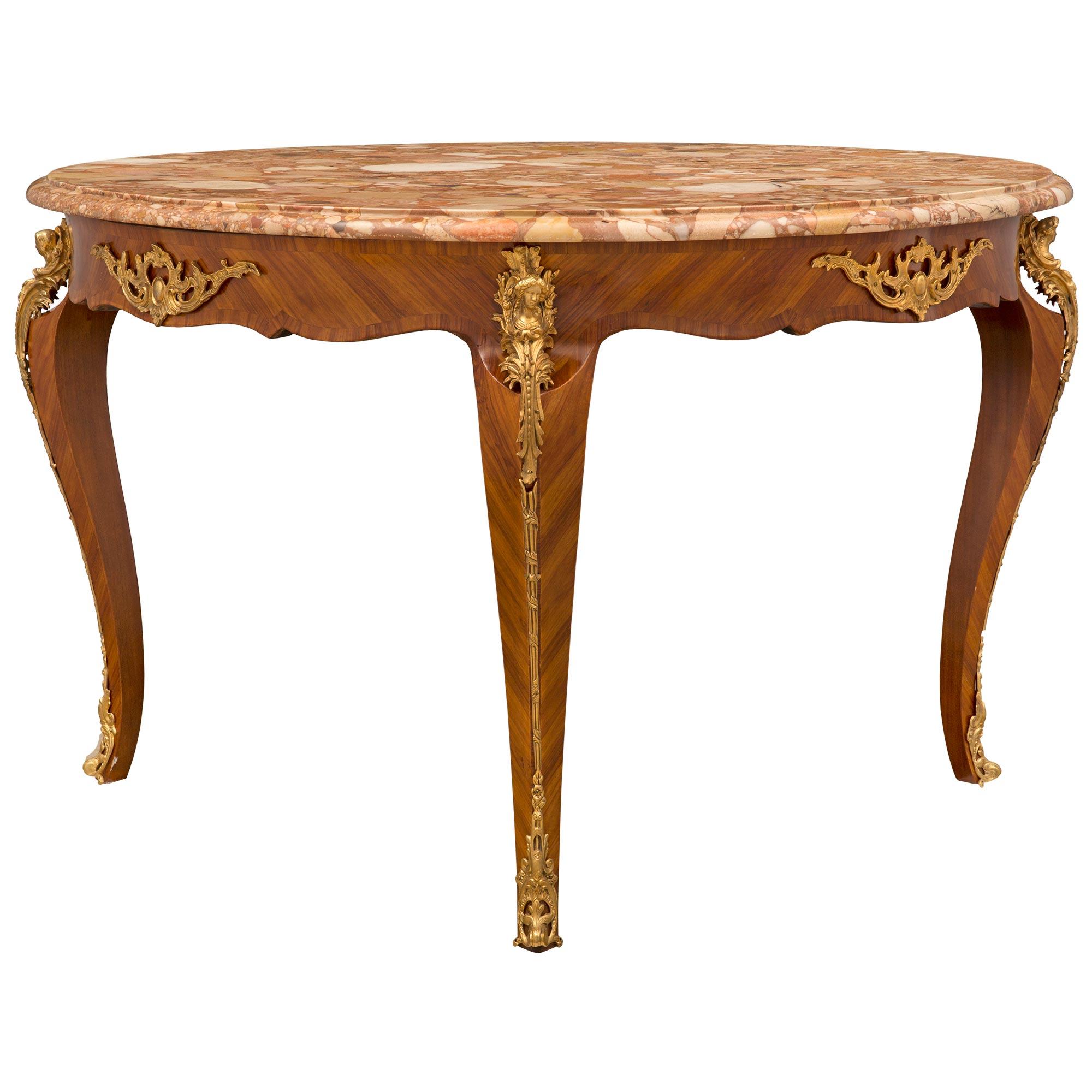 French 19th Century Louis XV St. Tulipwood, Ormolu and Marble Center Table In Good Condition For Sale In West Palm Beach, FL