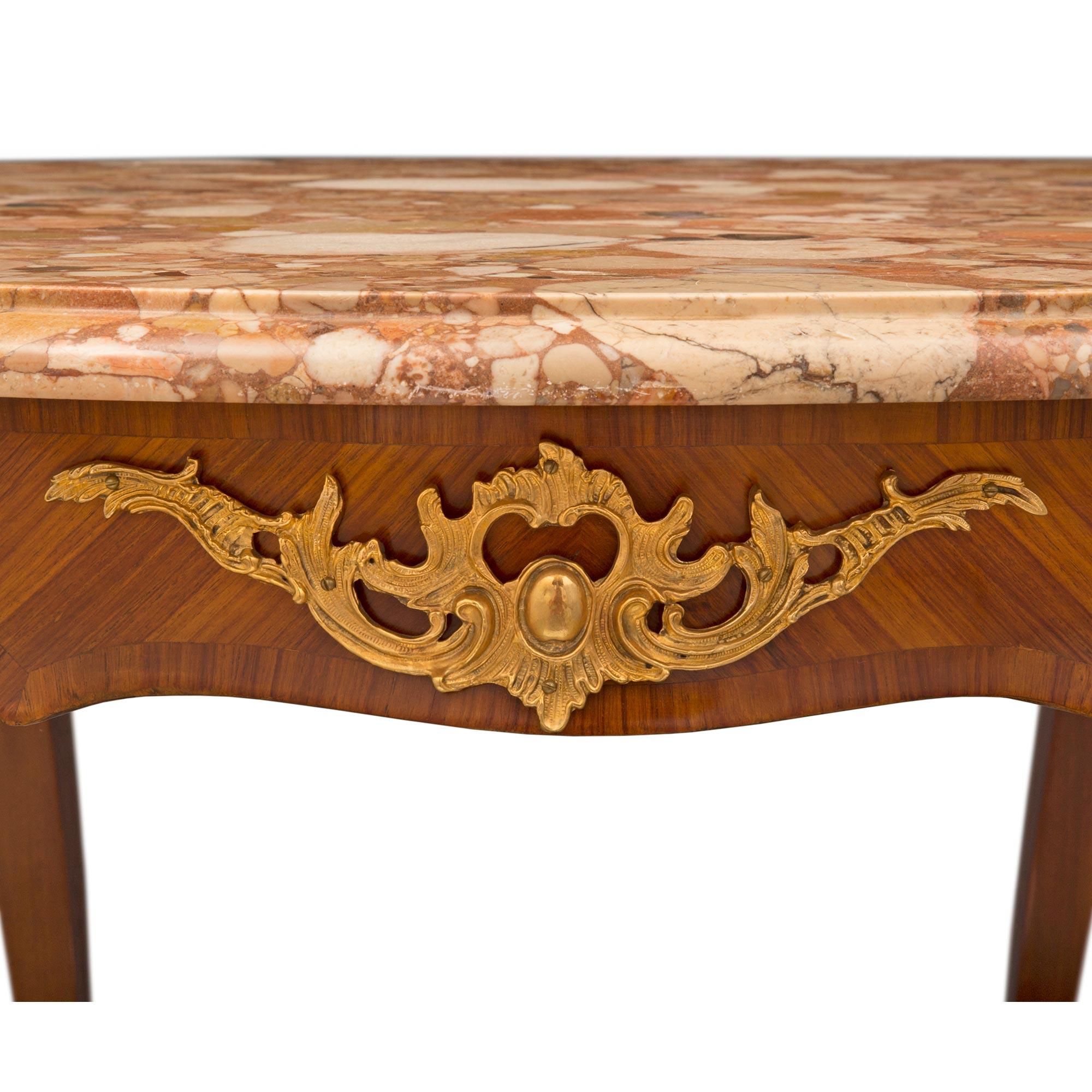 French 19th Century Louis XV St. Tulipwood, Ormolu and Marble Center Table For Sale 1