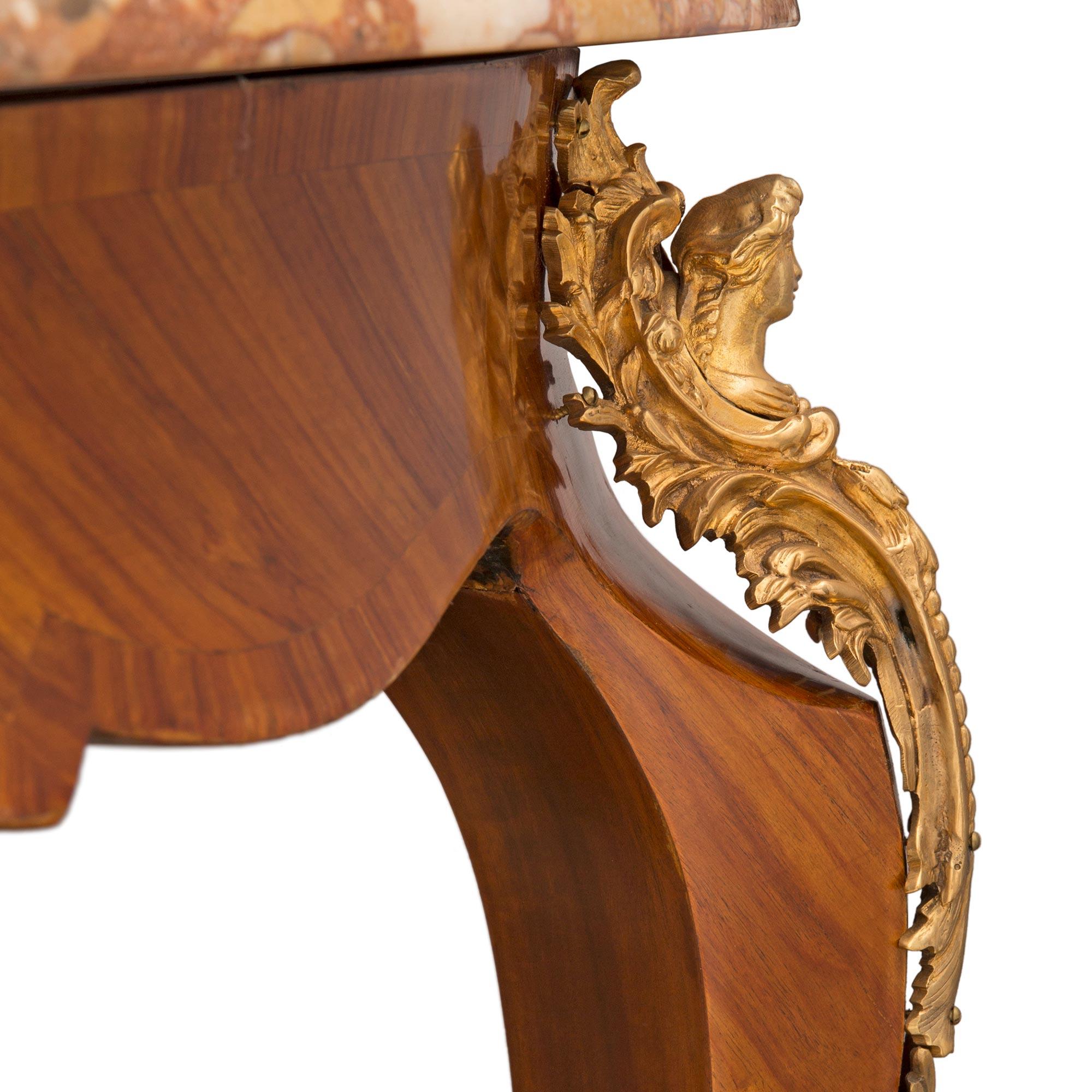 French 19th Century Louis XV St. Tulipwood, Ormolu and Marble Center Table For Sale 3