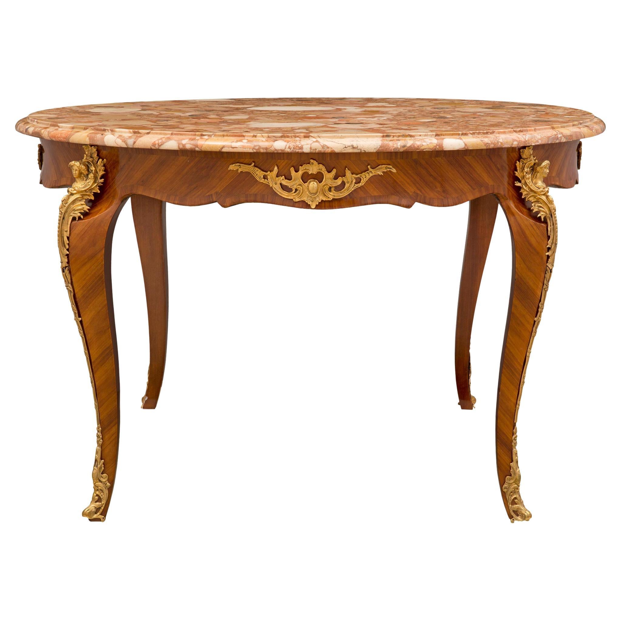 French 19th Century Louis XV St. Tulipwood, Ormolu and Marble Center Table For Sale