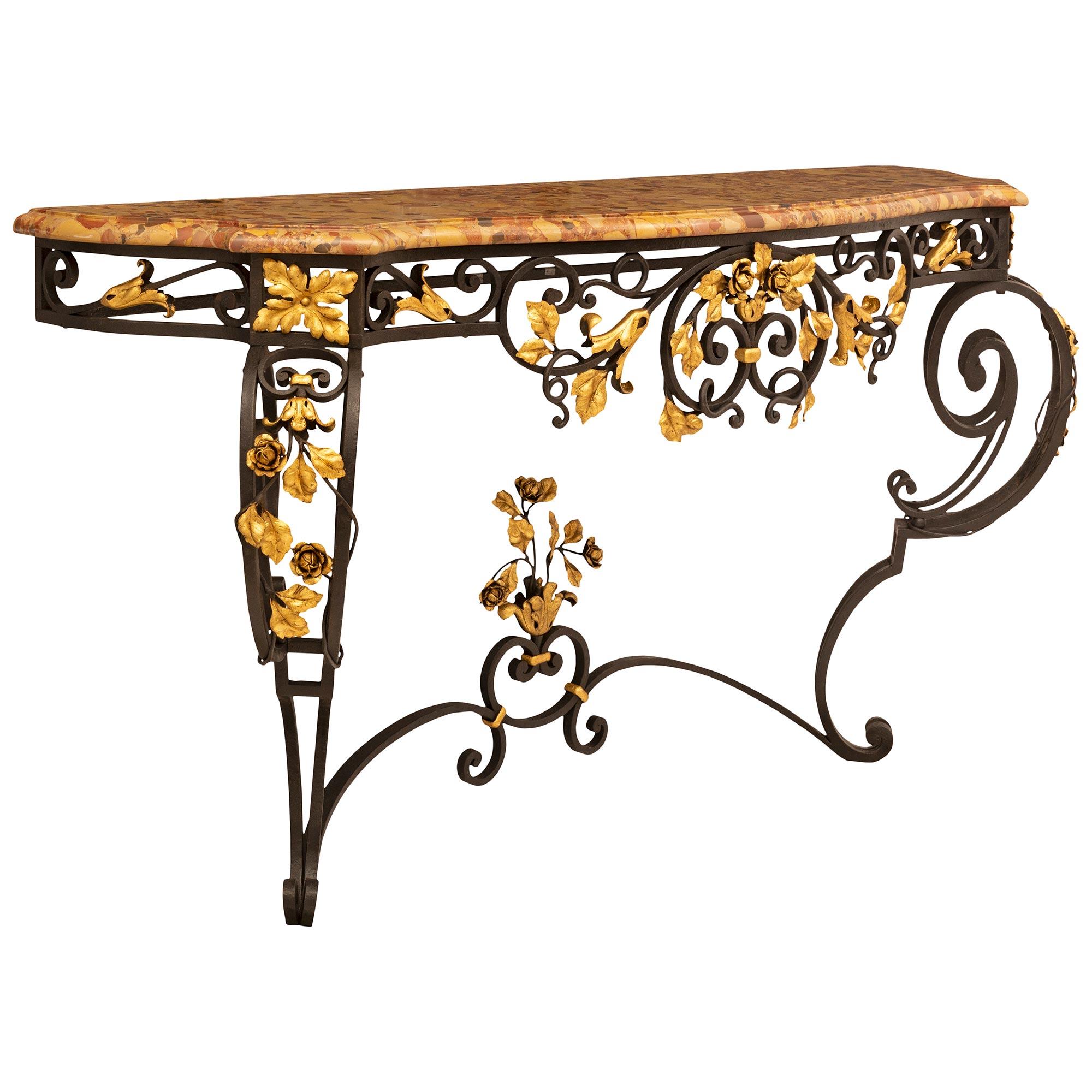 French 19th Century Louis XV St. Wrought Iron, Gilt Metal and Marble Console In Good Condition For Sale In West Palm Beach, FL
