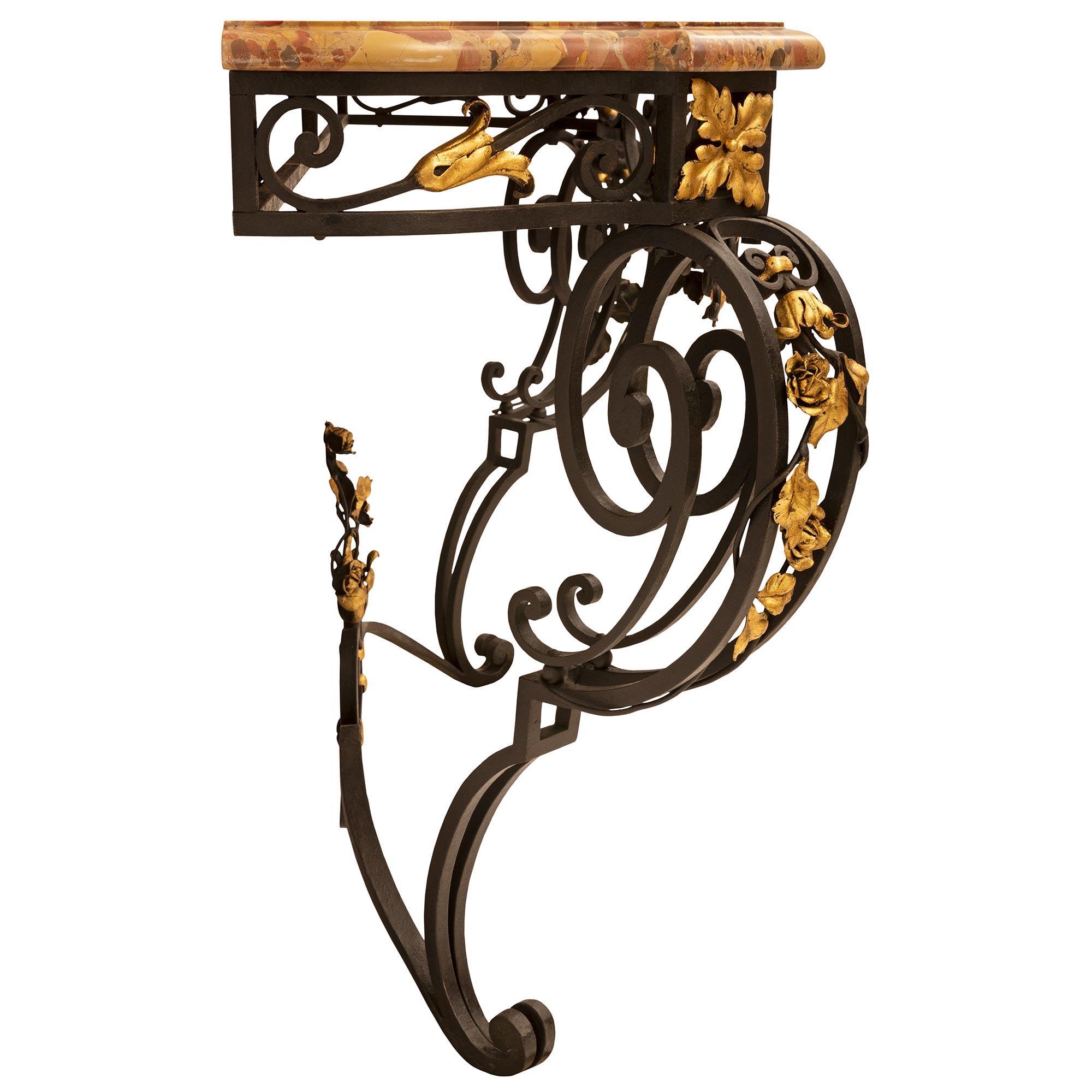 French 19th Century Louis XV St. Wrought Iron, Gilt Metal and Marble Console For Sale 1