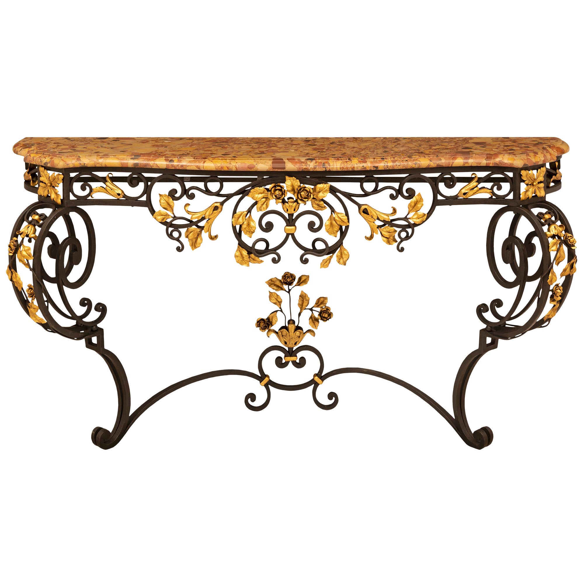 Console française du 19ème siècle de style Louis XV en fer forgé, métal doré et marbre