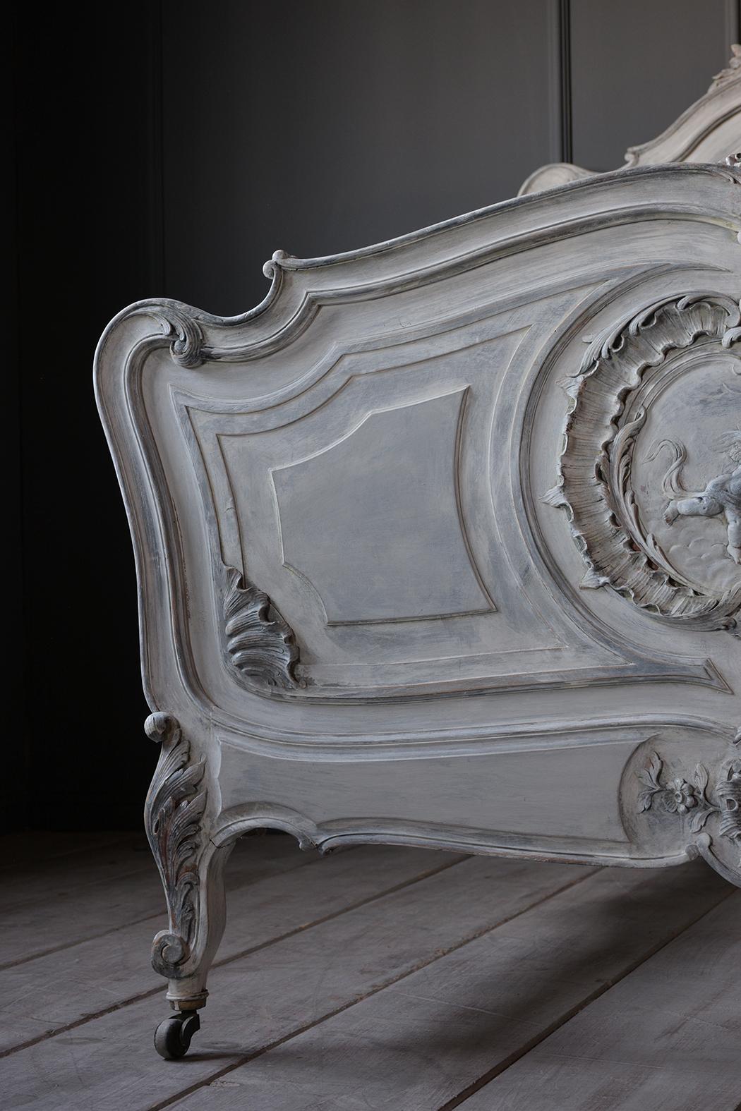 French 19th Century Carved Painted Louis XV Style Bed Frame 5