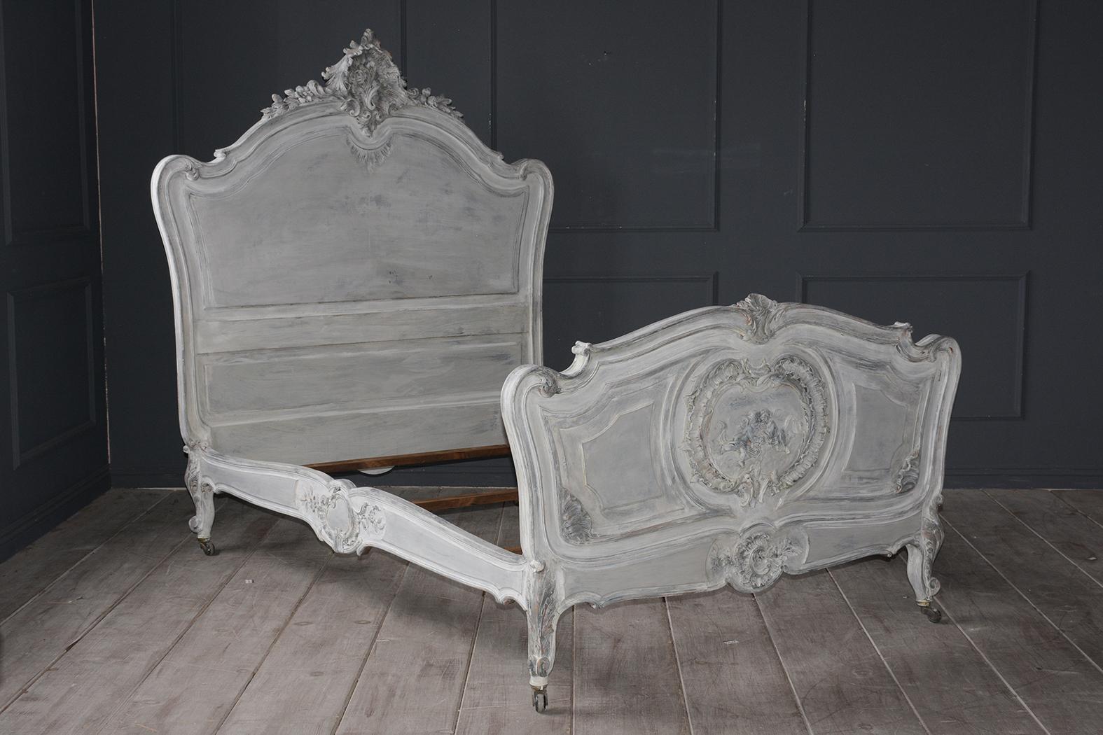 French 19th Century Carved Painted Louis XV Style Bed Frame 7