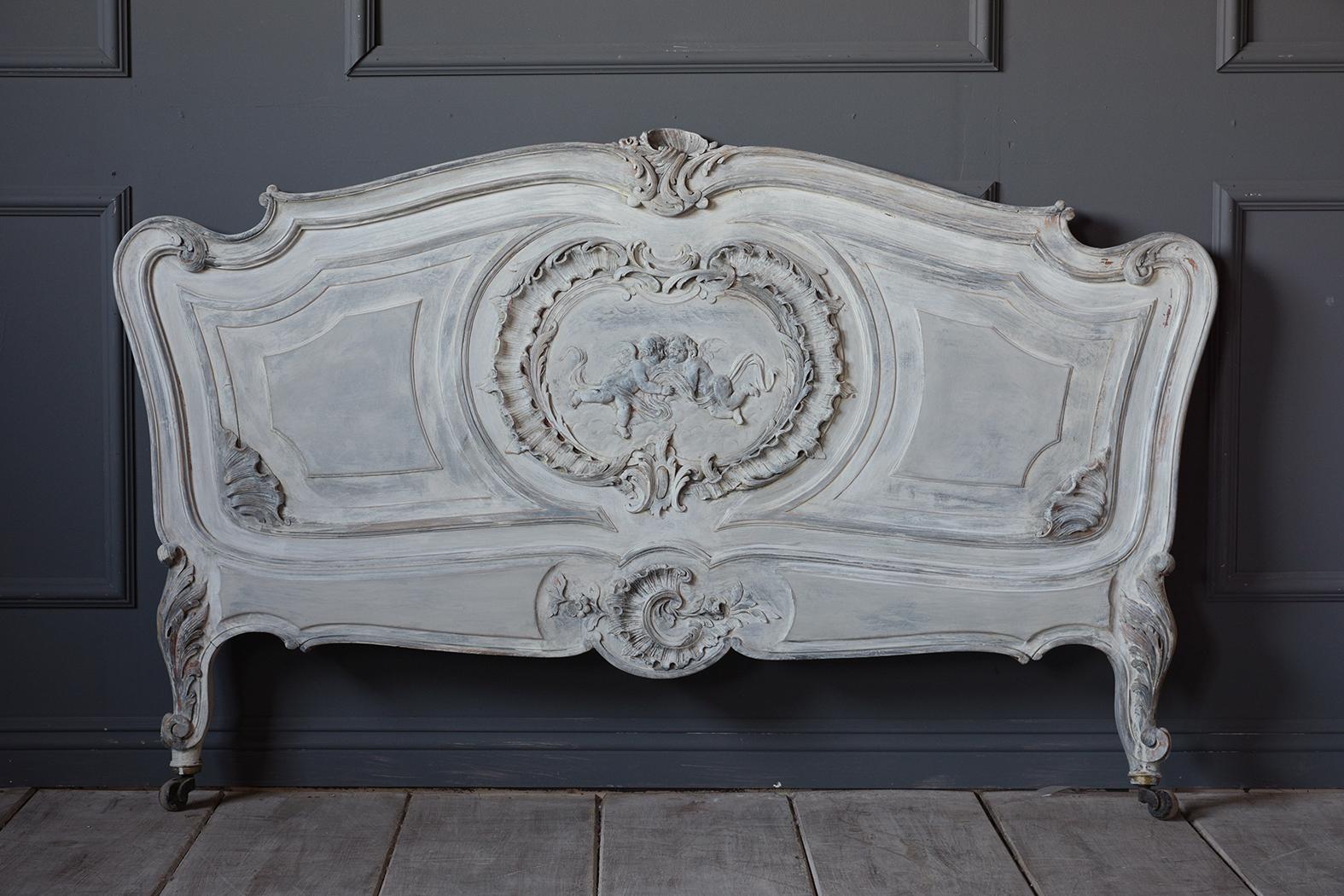 Hand-Crafted French 19th Century Carved Painted Louis XV Style Bed Frame