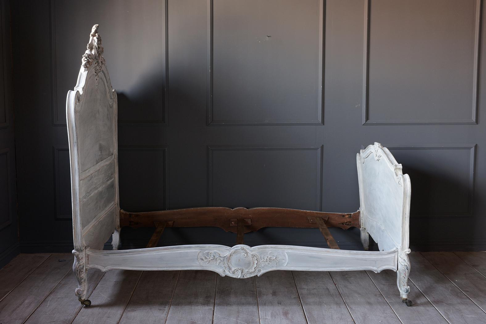 French 19th Century Carved Painted Louis XV Style Bed Frame 2