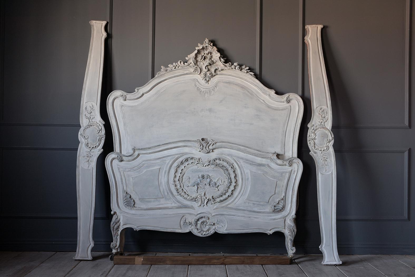 French 19th Century Carved Painted Louis XV Style Bed Frame 3