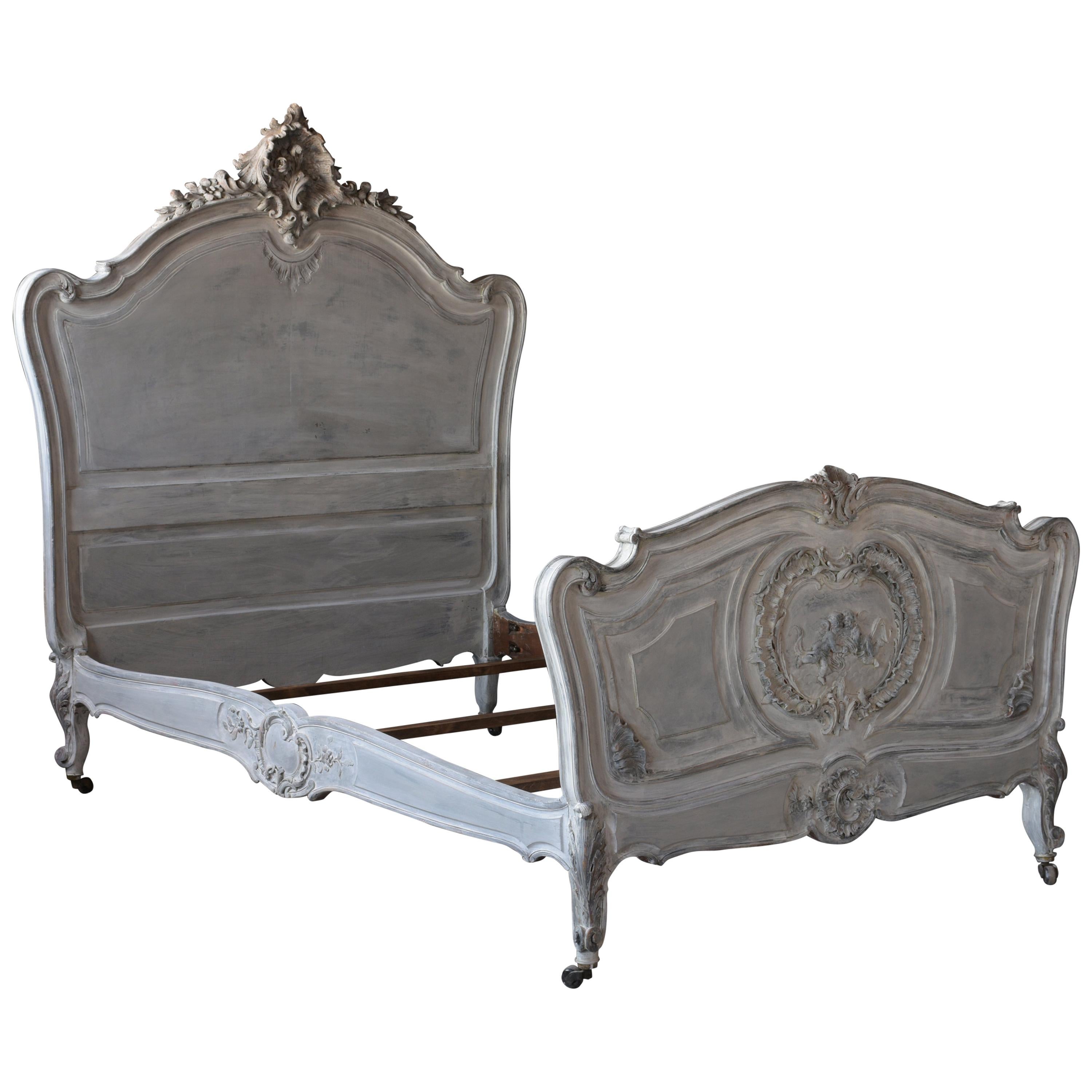 French 19th Century Carved Painted Louis XV Style Bed Frame