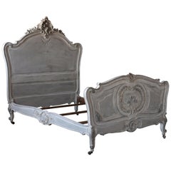 Antique French 19th Century Carved Painted Louis XV Style Bed Frame