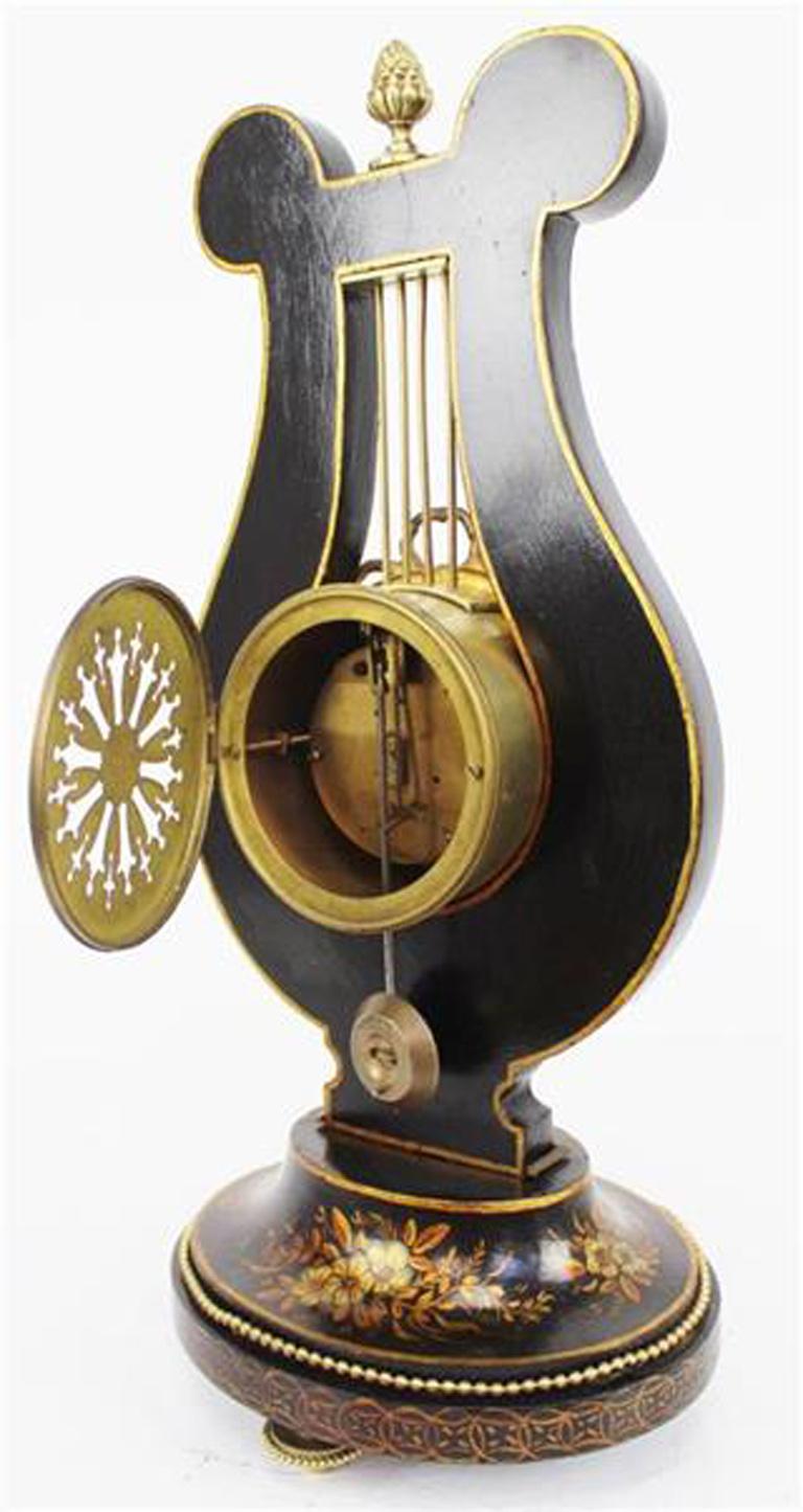 Wood French Louis XV Style Black Chinoiserie Lyre Clock, Guilmet Paris, 19th Century For Sale