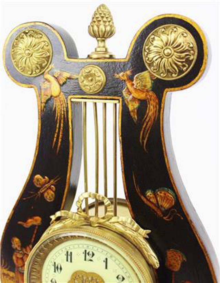 French Louis XV Style Black Chinoiserie Lyre Clock, Guilmet Paris, 19th Century For Sale 1