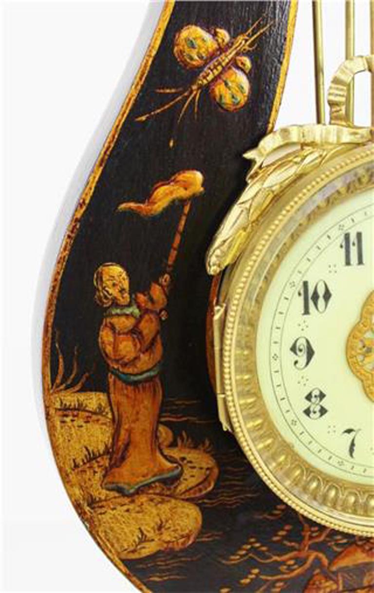 French Louis XV Style Black Chinoiserie Lyre Clock, Guilmet Paris, 19th Century For Sale 3