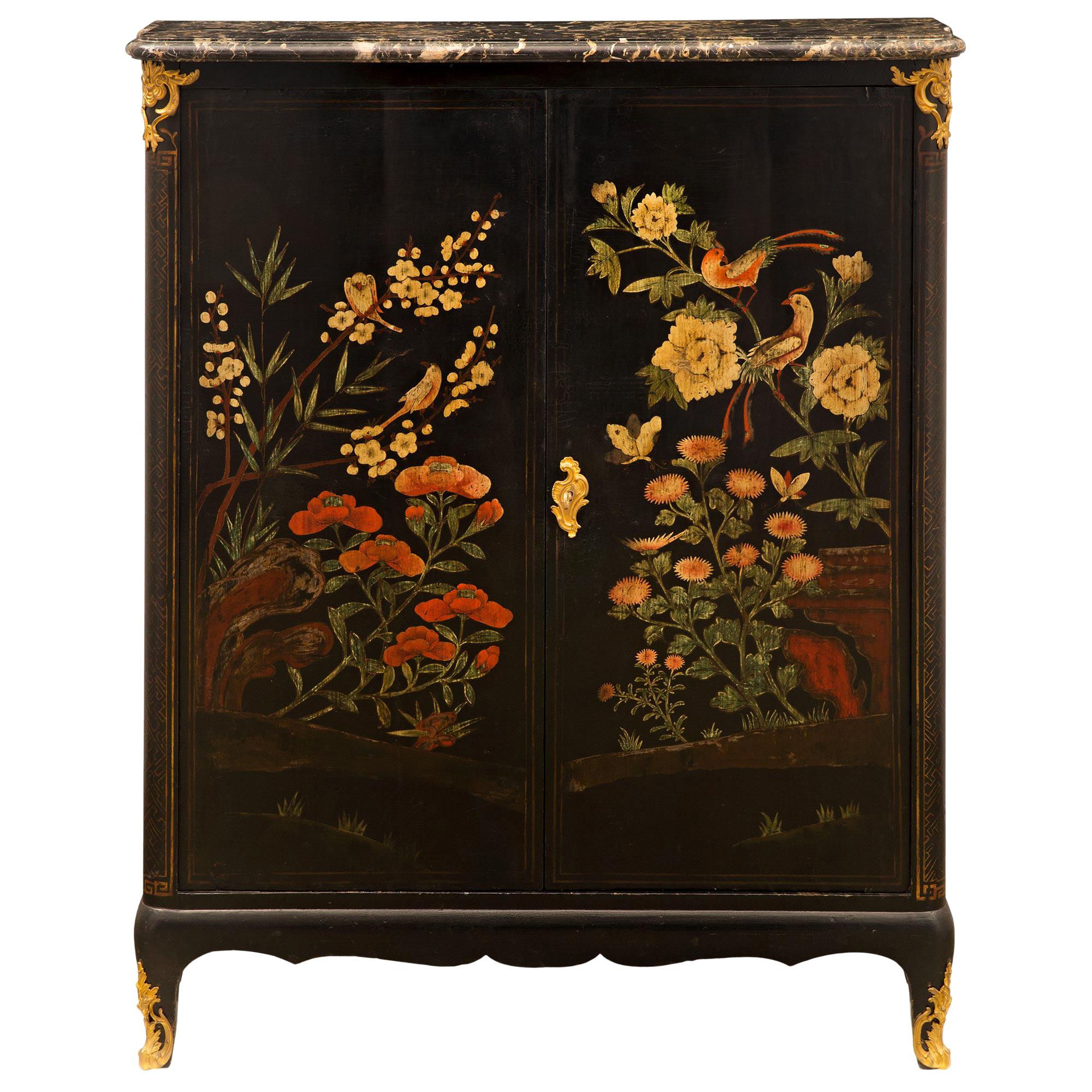 French 19th Century Louis XV Style Black Lacquered, Ormolu and Cabinet