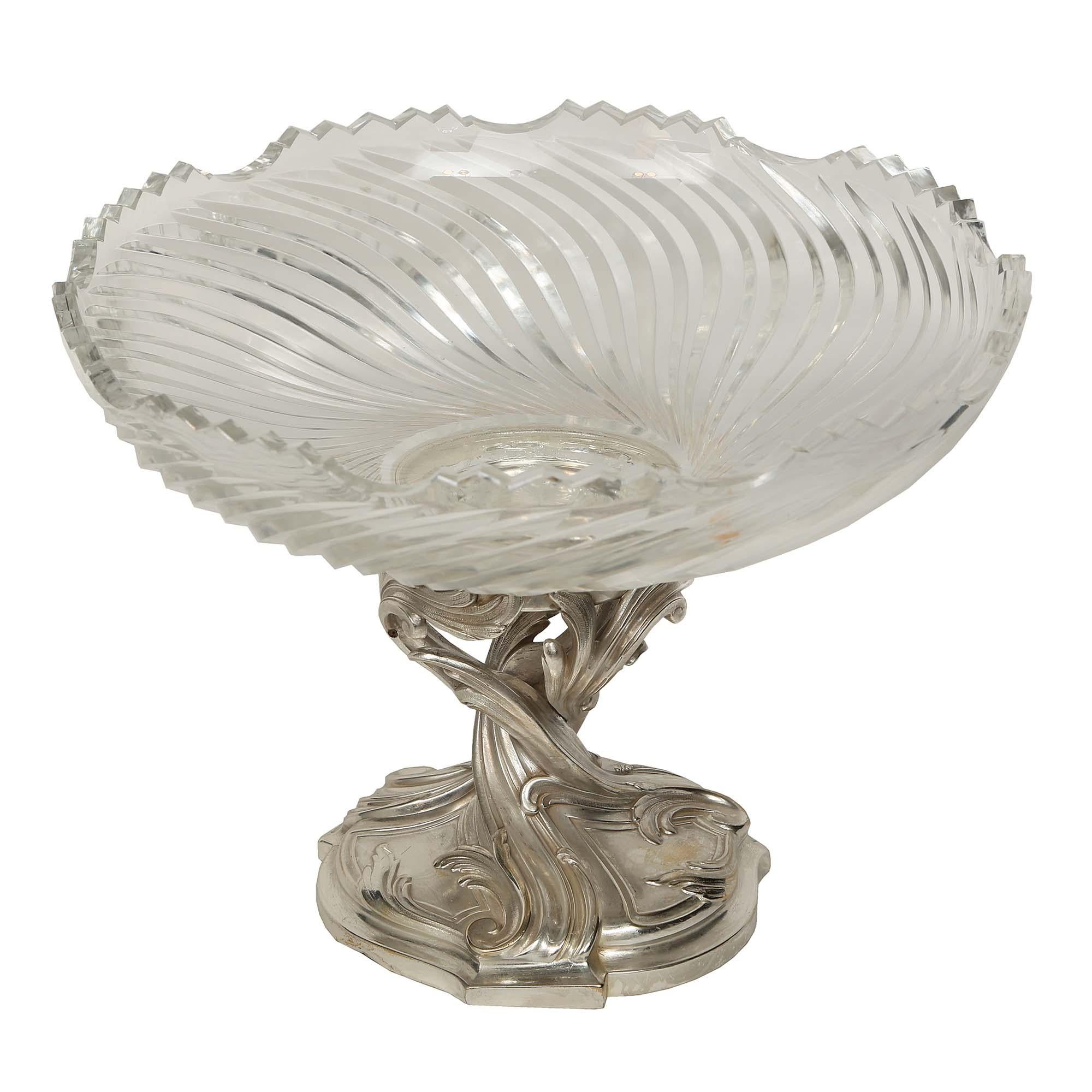 Silvered French 19th Century Louis XV Style Bronze and Baccarat Crystal Centerpiece For Sale