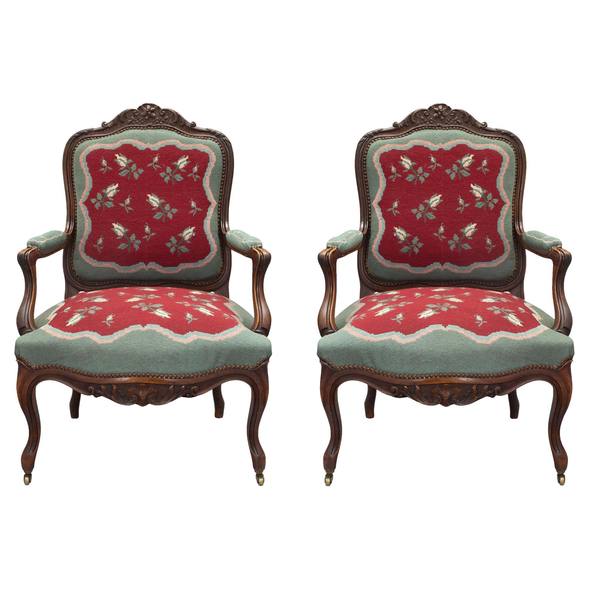 French 19th Century Louis XV Style Carved Armchairs